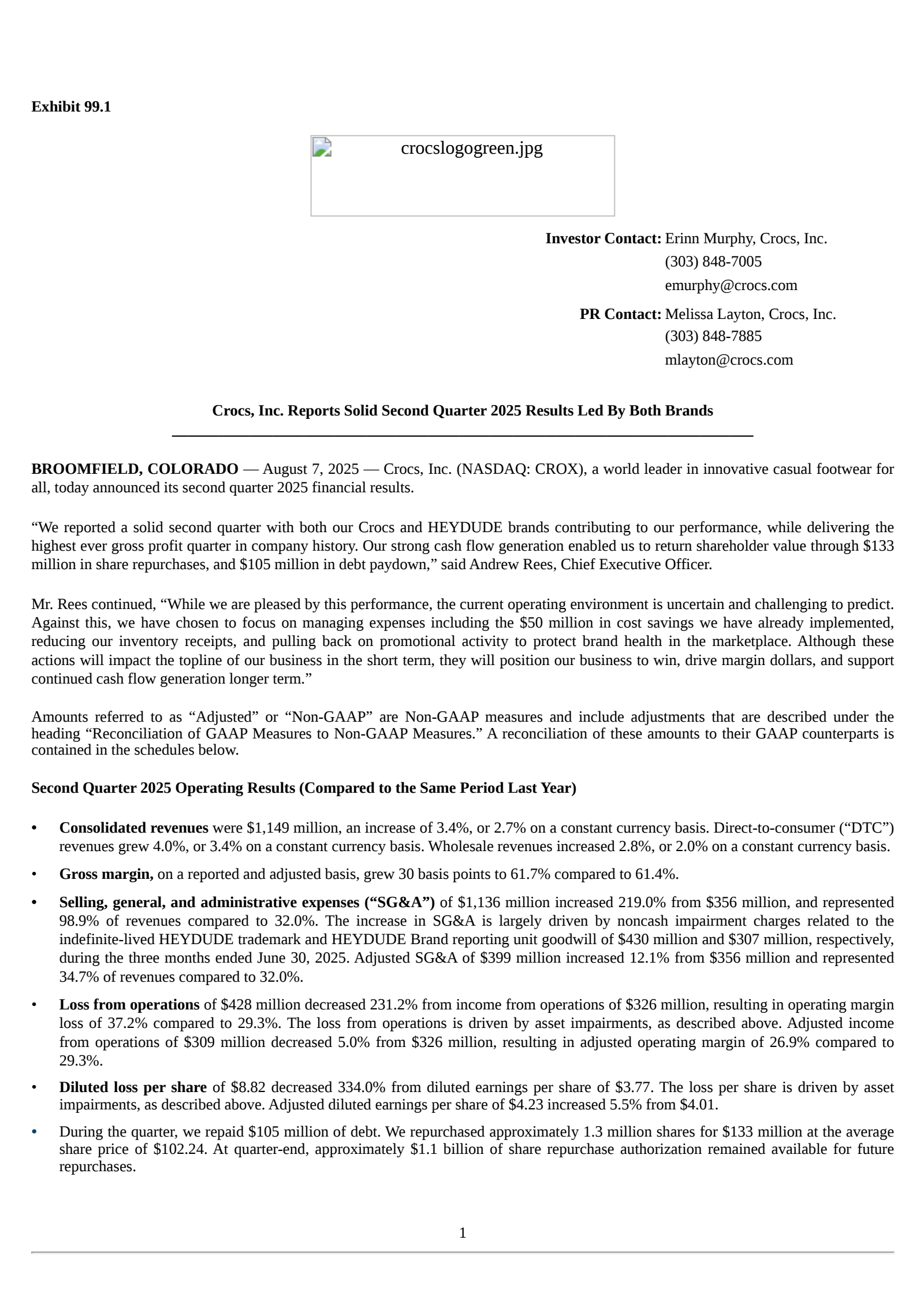 Crocs' Q2 2025 Press Release