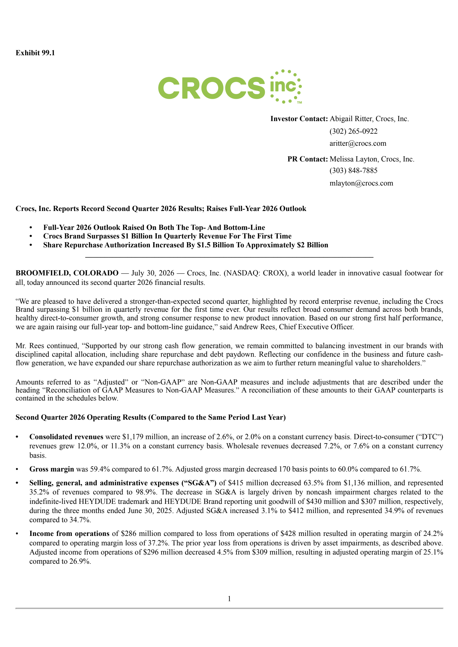 Crocs' Q2 2026 Press Release