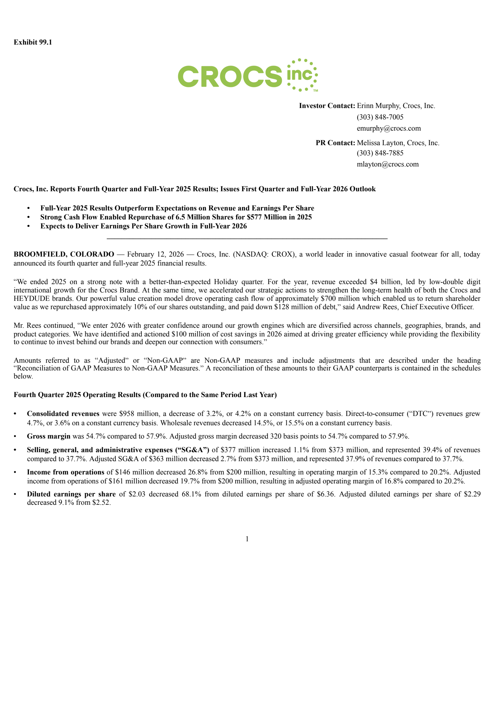 Crocs' Q4 2025 Press Release