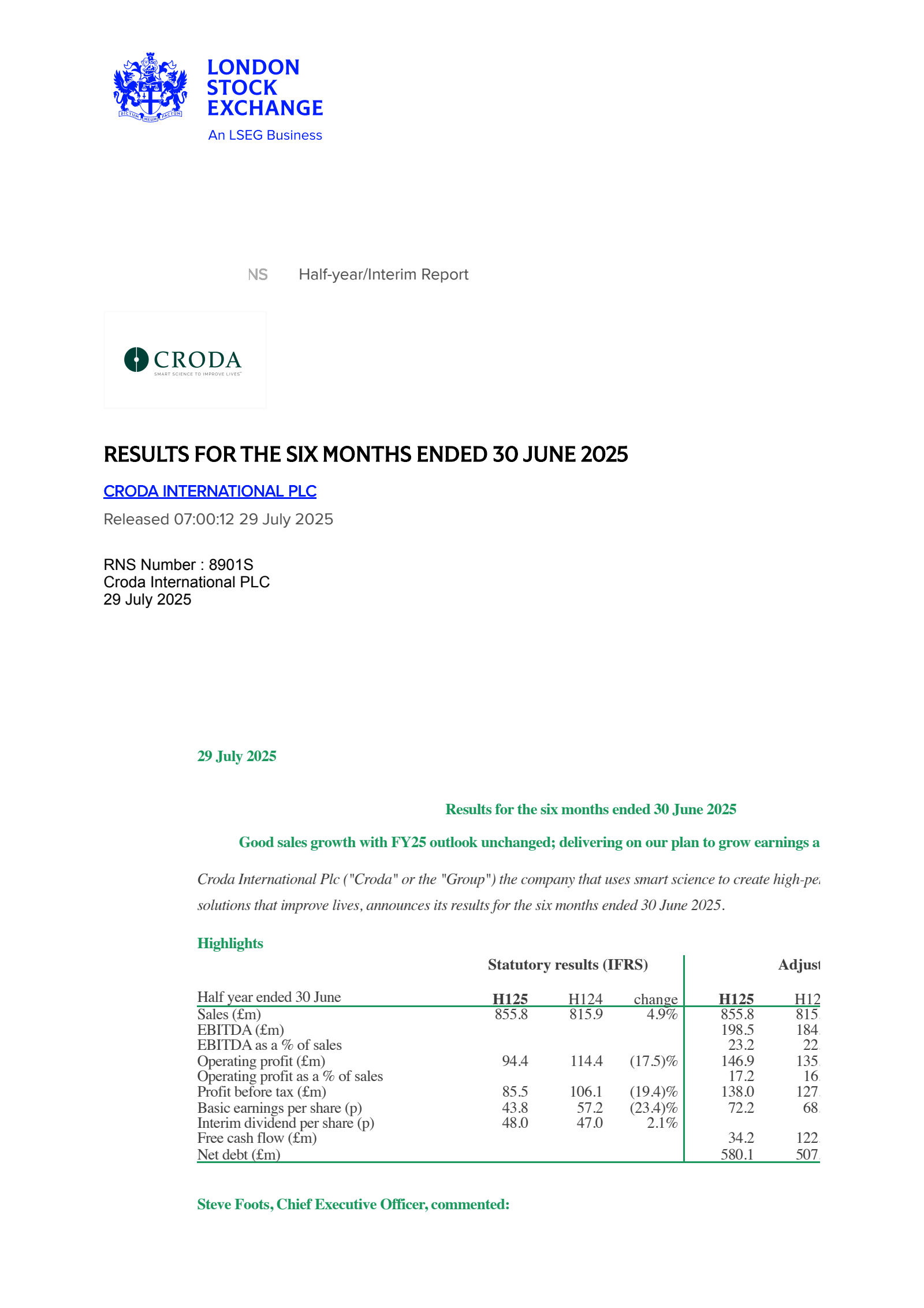 Croda International's H1 2025 Interim report