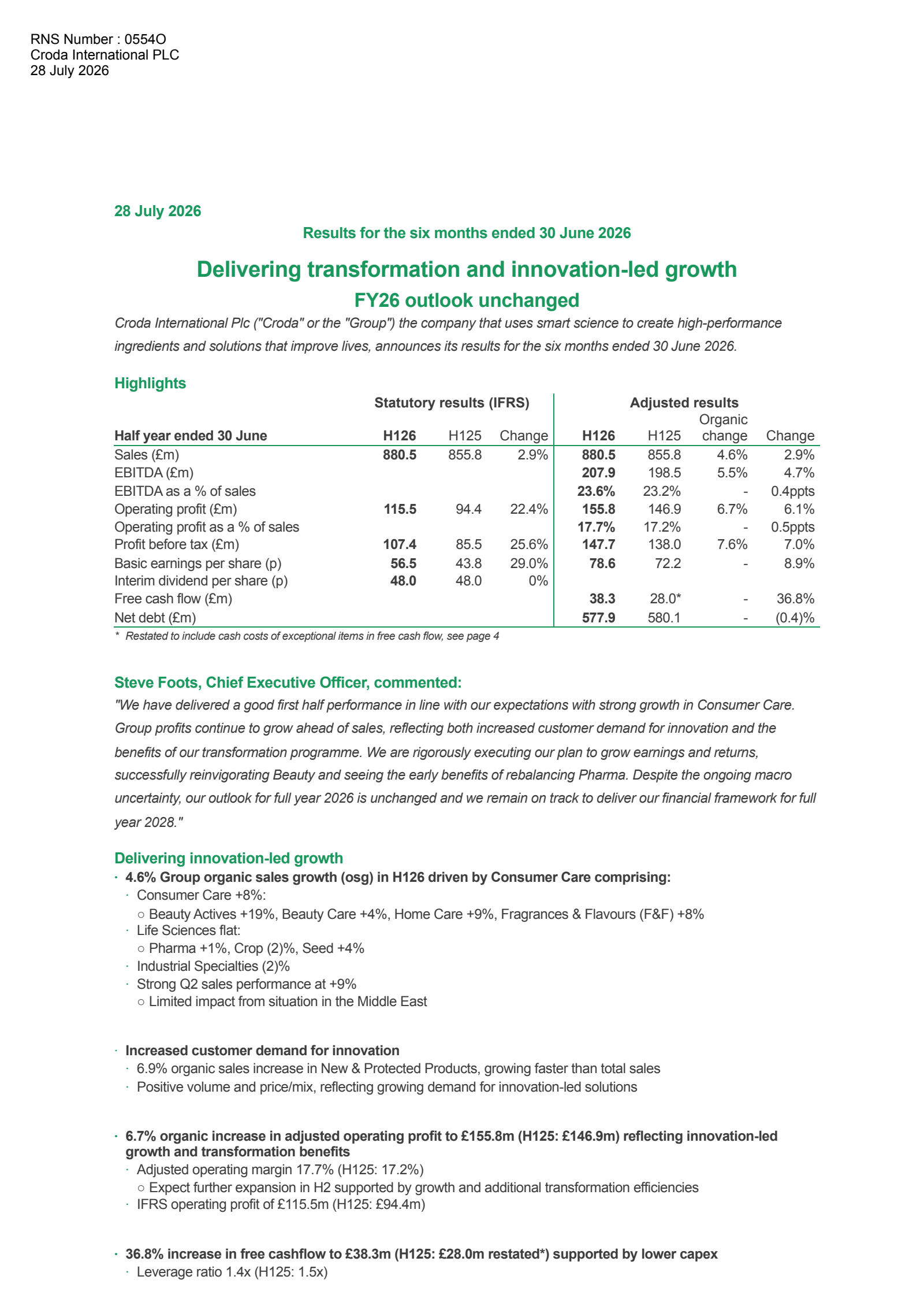 Croda International's H1 2026 Interim report