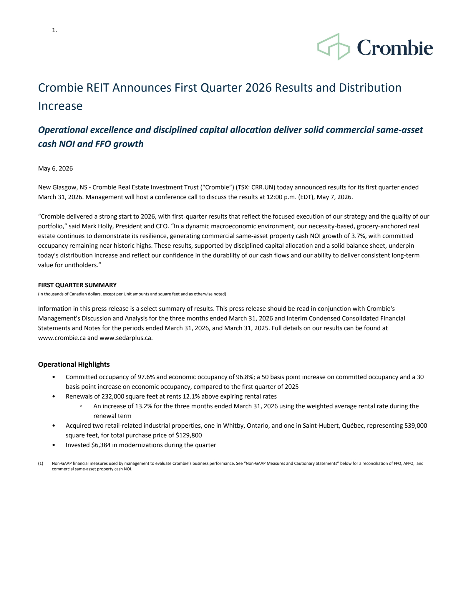 Crombie Real Estate Investment Trust's Q1 2026 Press Release