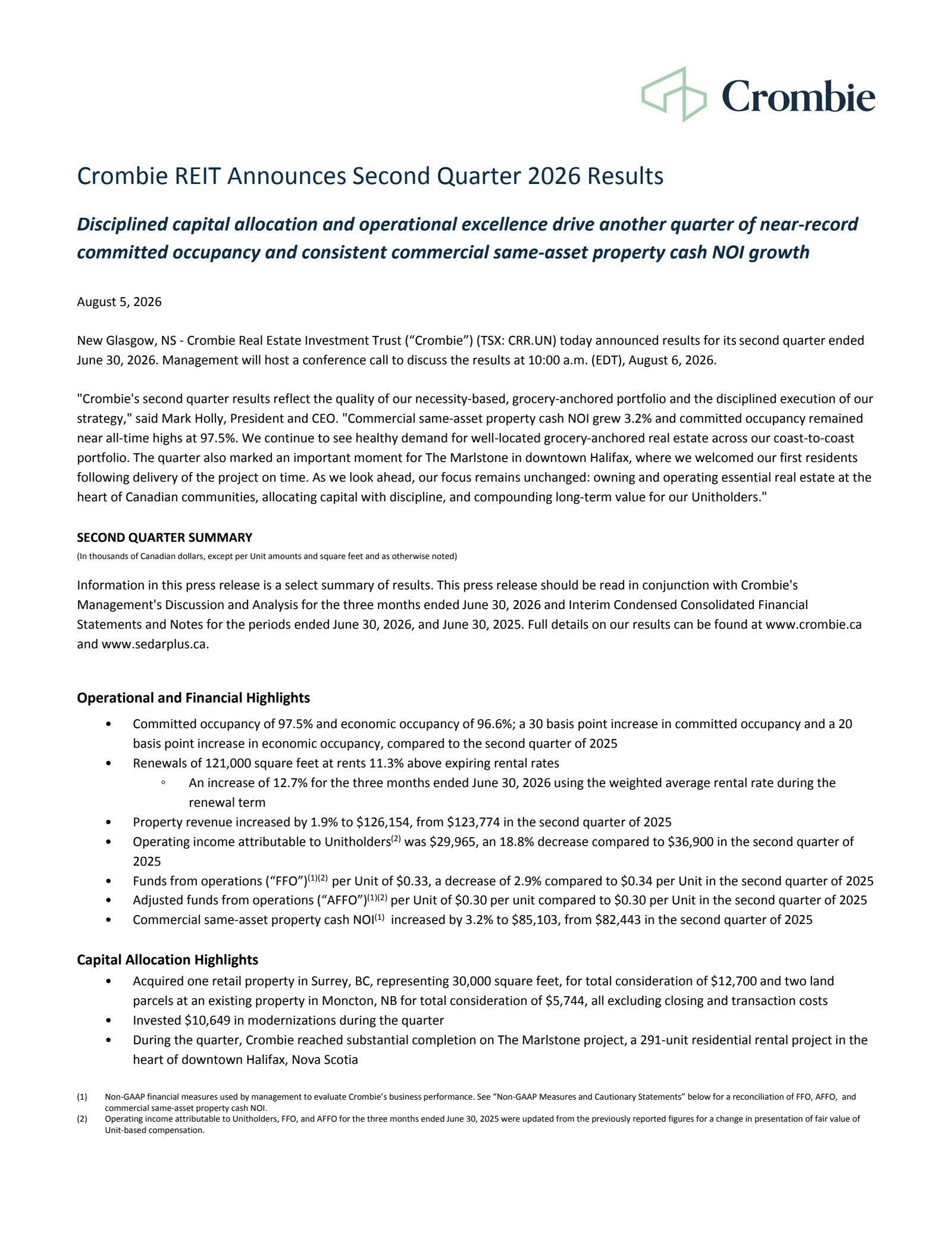 Crombie Real Estate Investment Trust's Q2 2026 Press Release