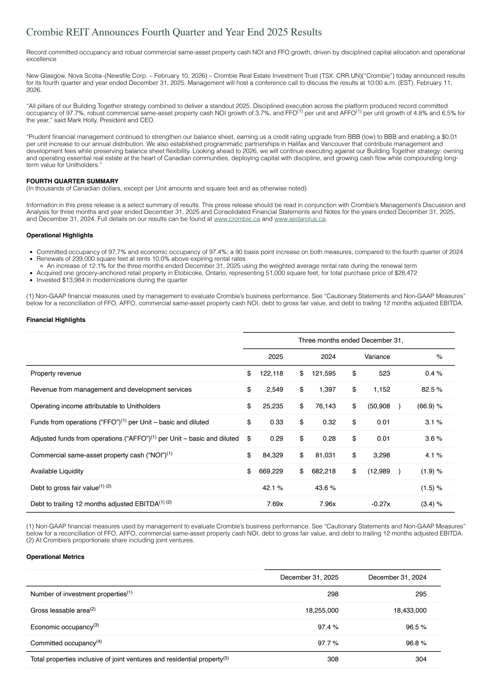 Crombie Real Estate Investment Trust's Q4 2025 Press Release