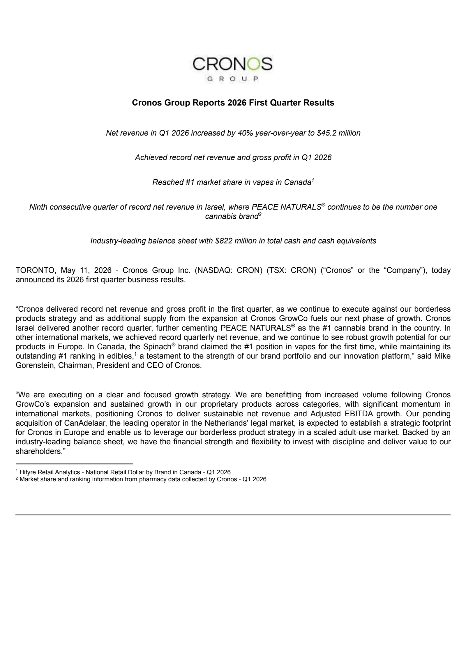 Cronos Group's Q1 2026 Press Release