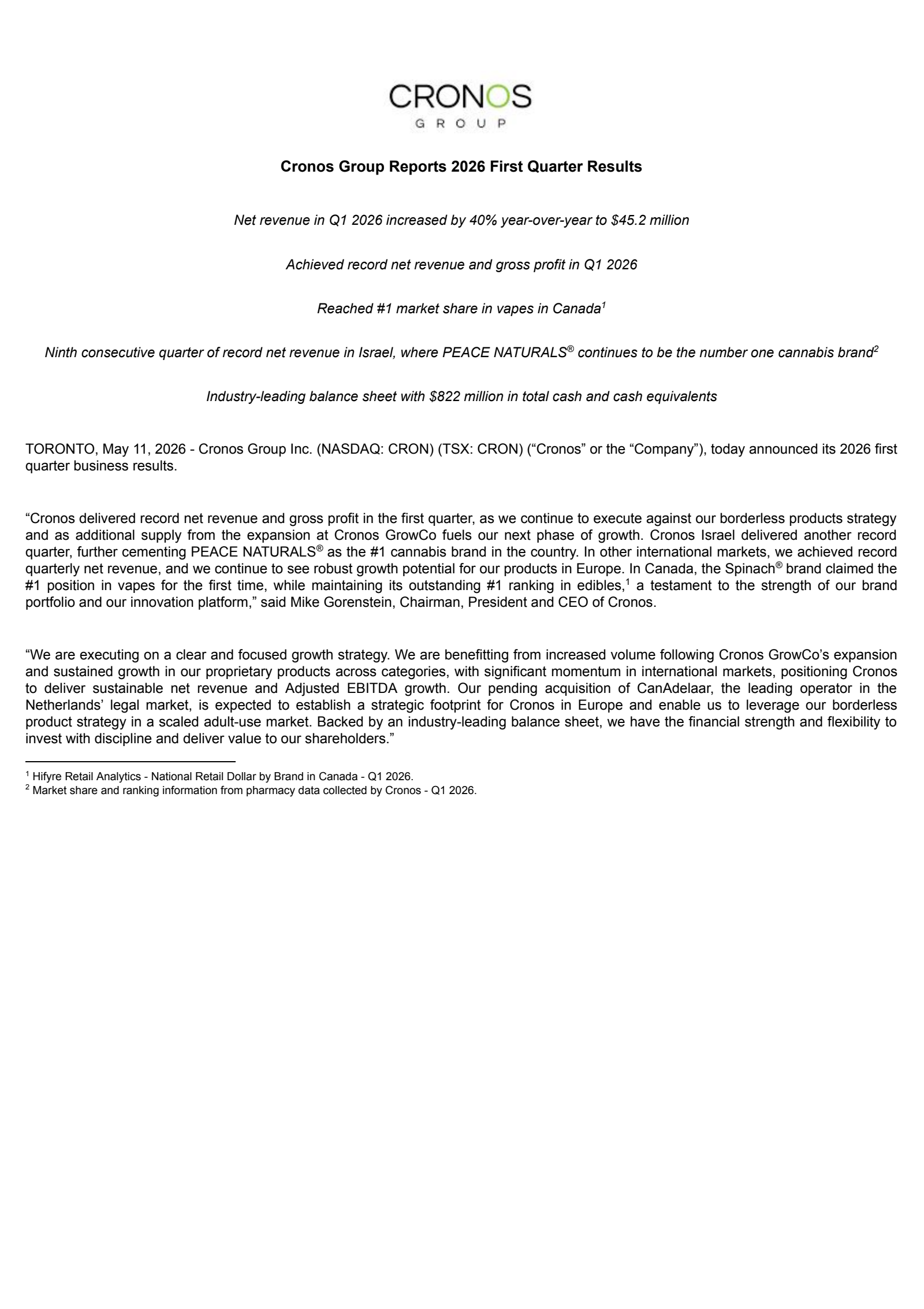 Cronos Group's Q1 2026 Press Release