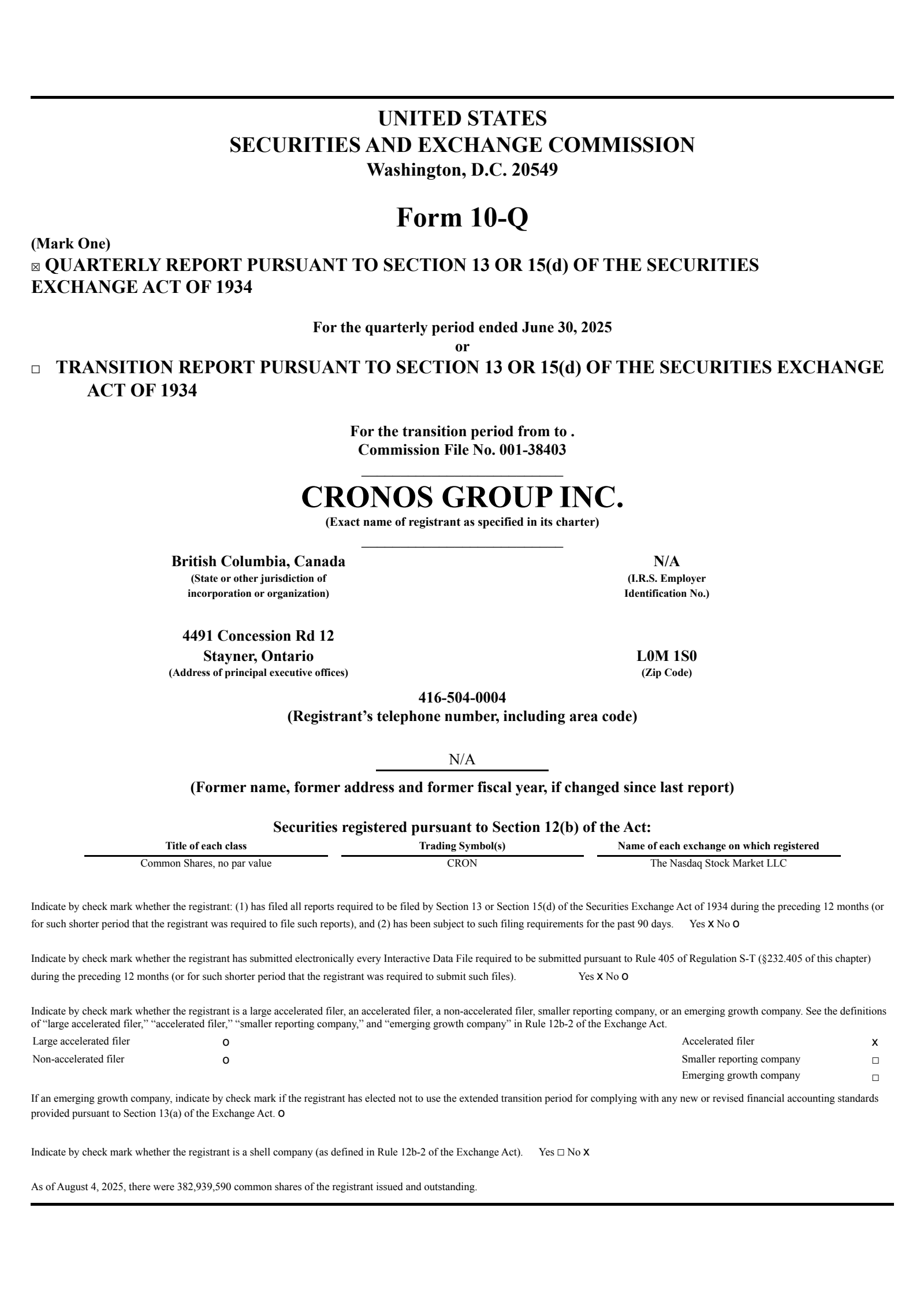 Cronos Group's Q2 2025 Quarterly report