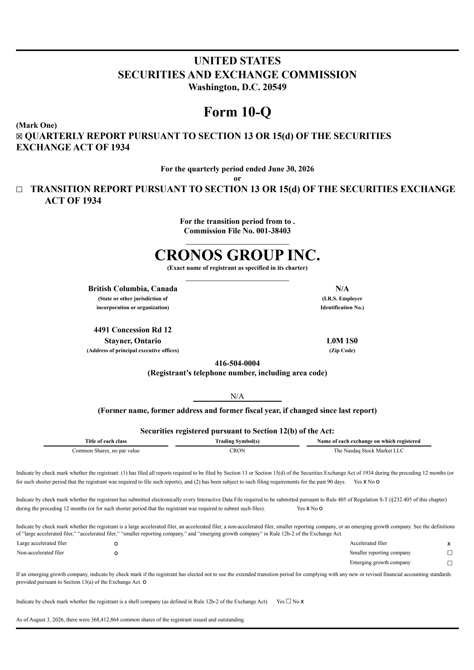 Cronos Group's Q2 2026 Quarterly report