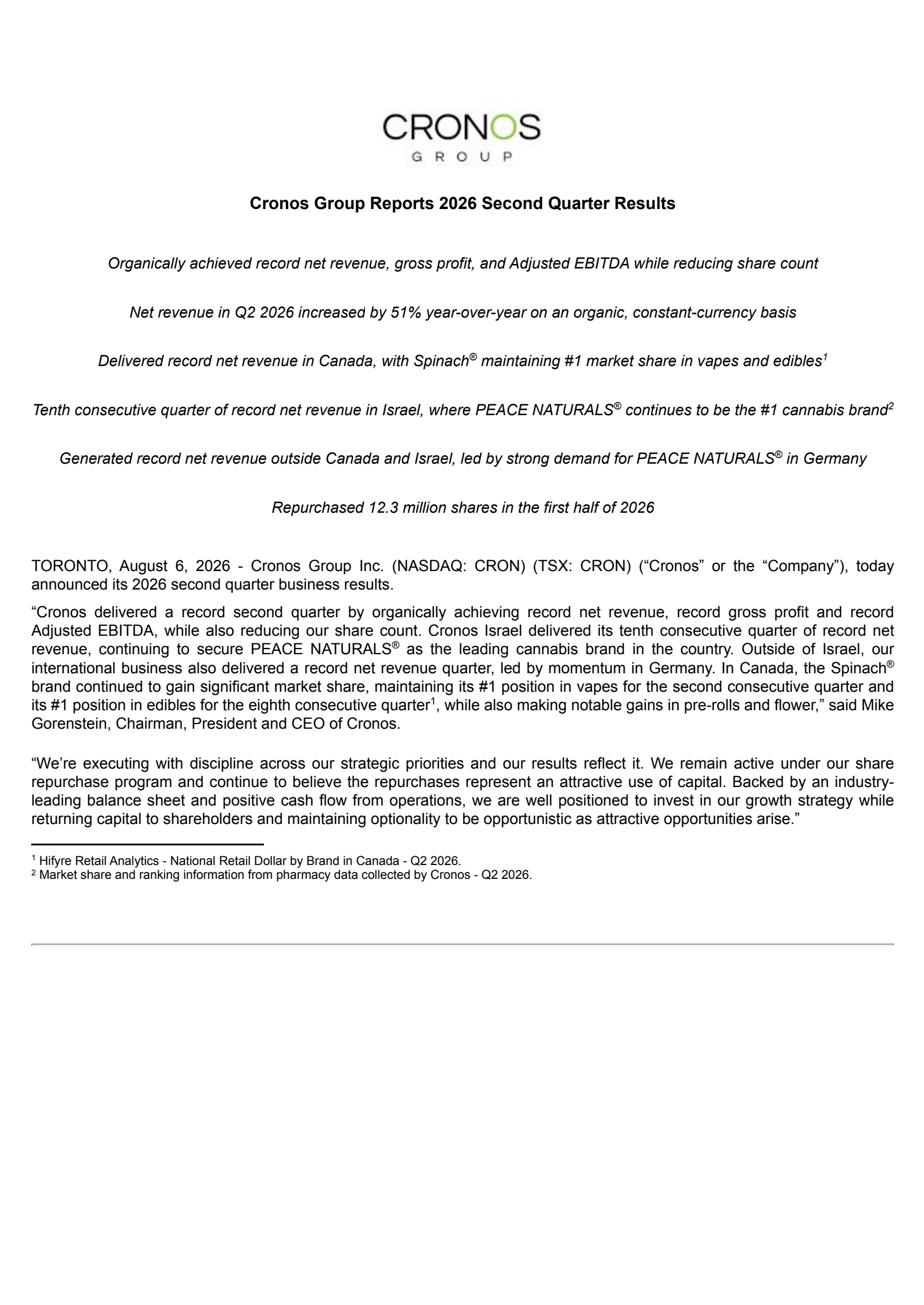 Cronos Group's Q2 2026 Press Release