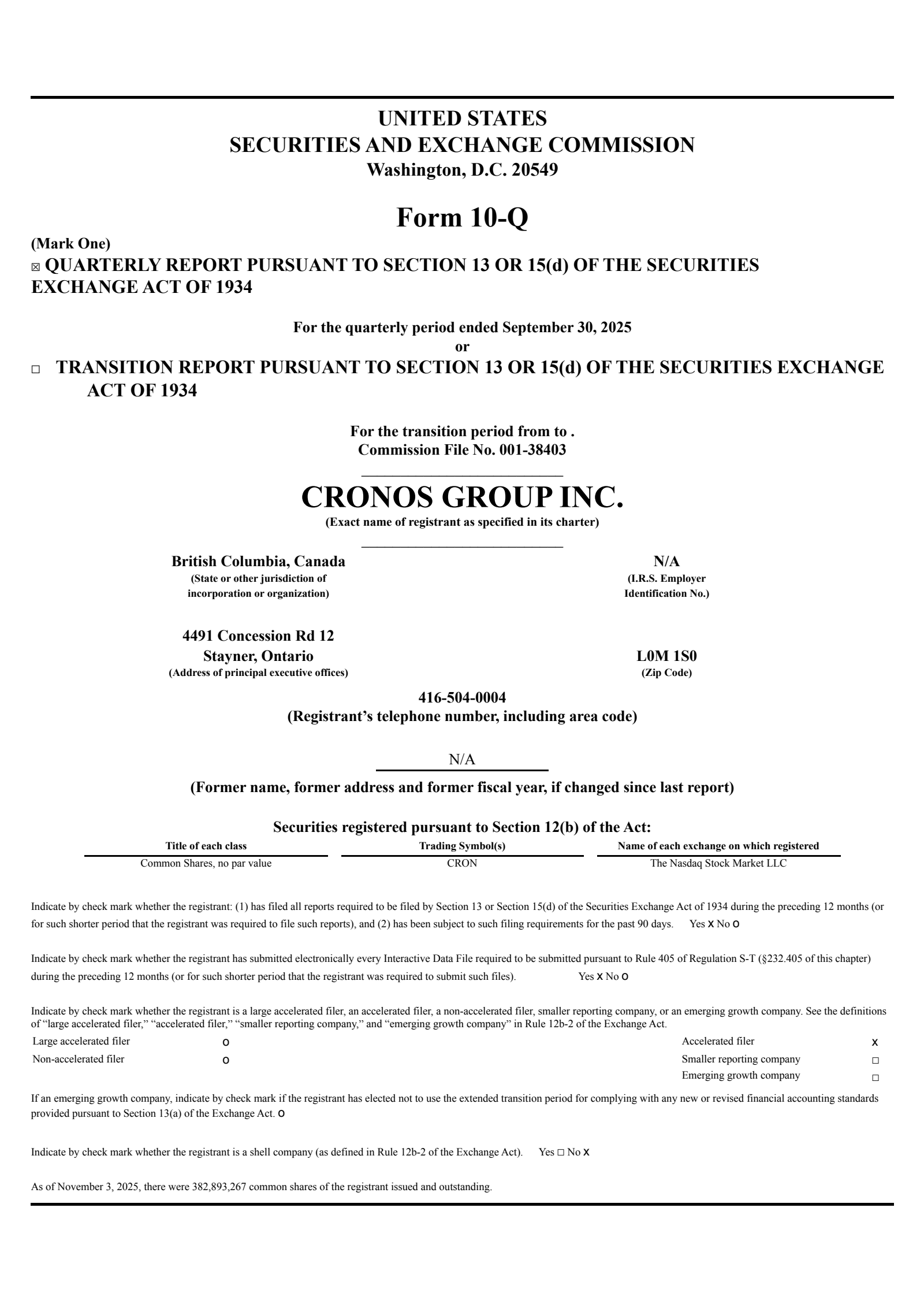 Cronos Group's Q3 2025 Quarterly Report