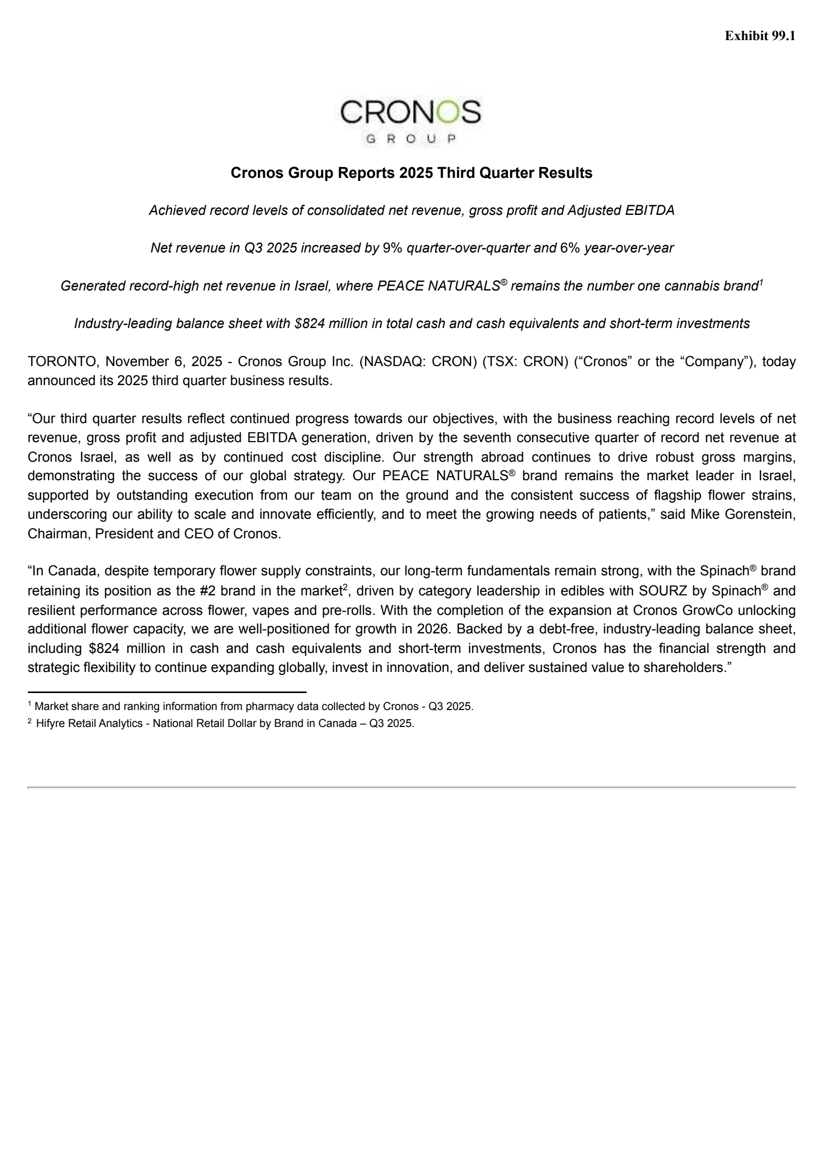 Cronos Group's Q3 2025 Press Release