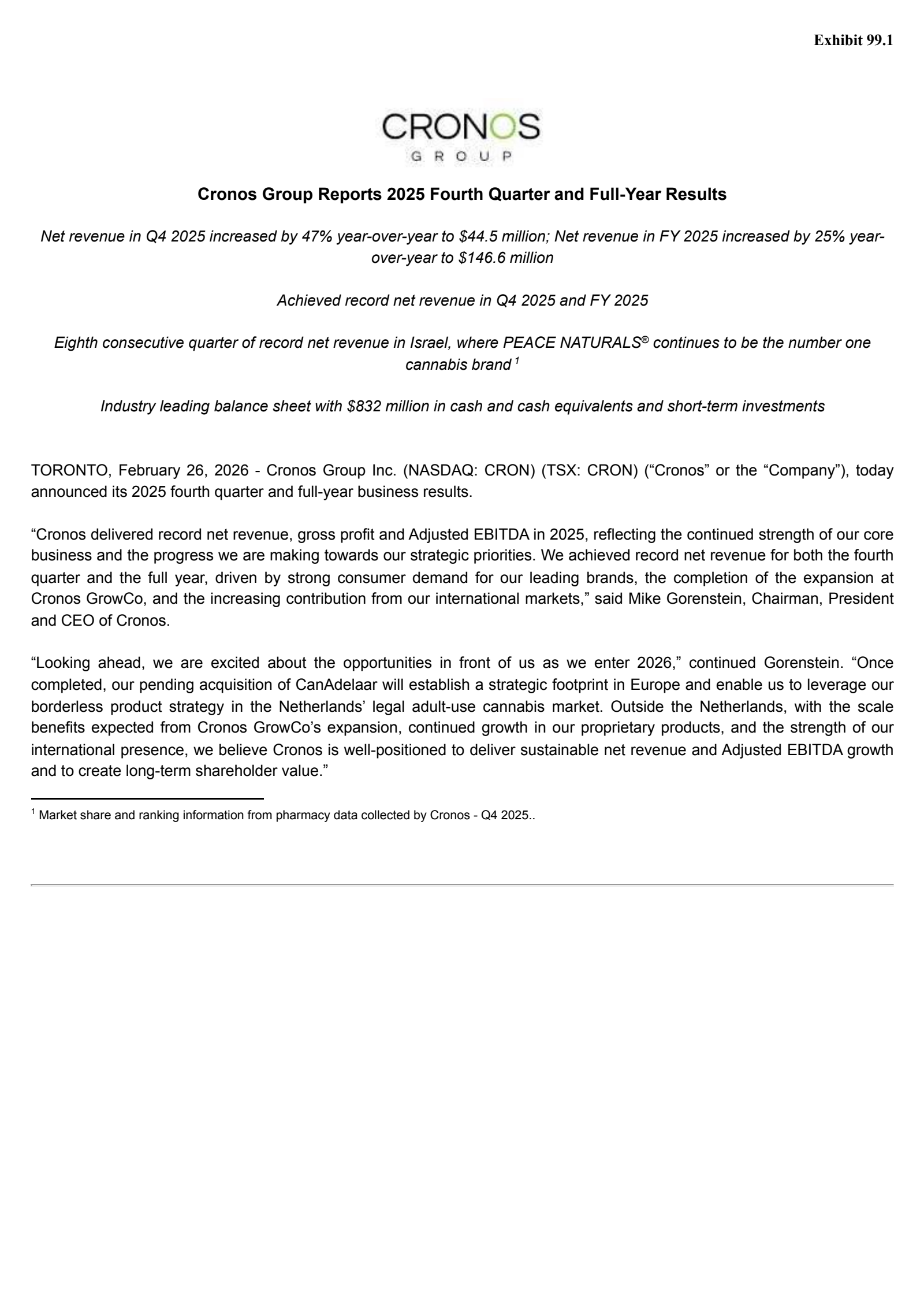 Cronos Group's Q4 2025 Press Release