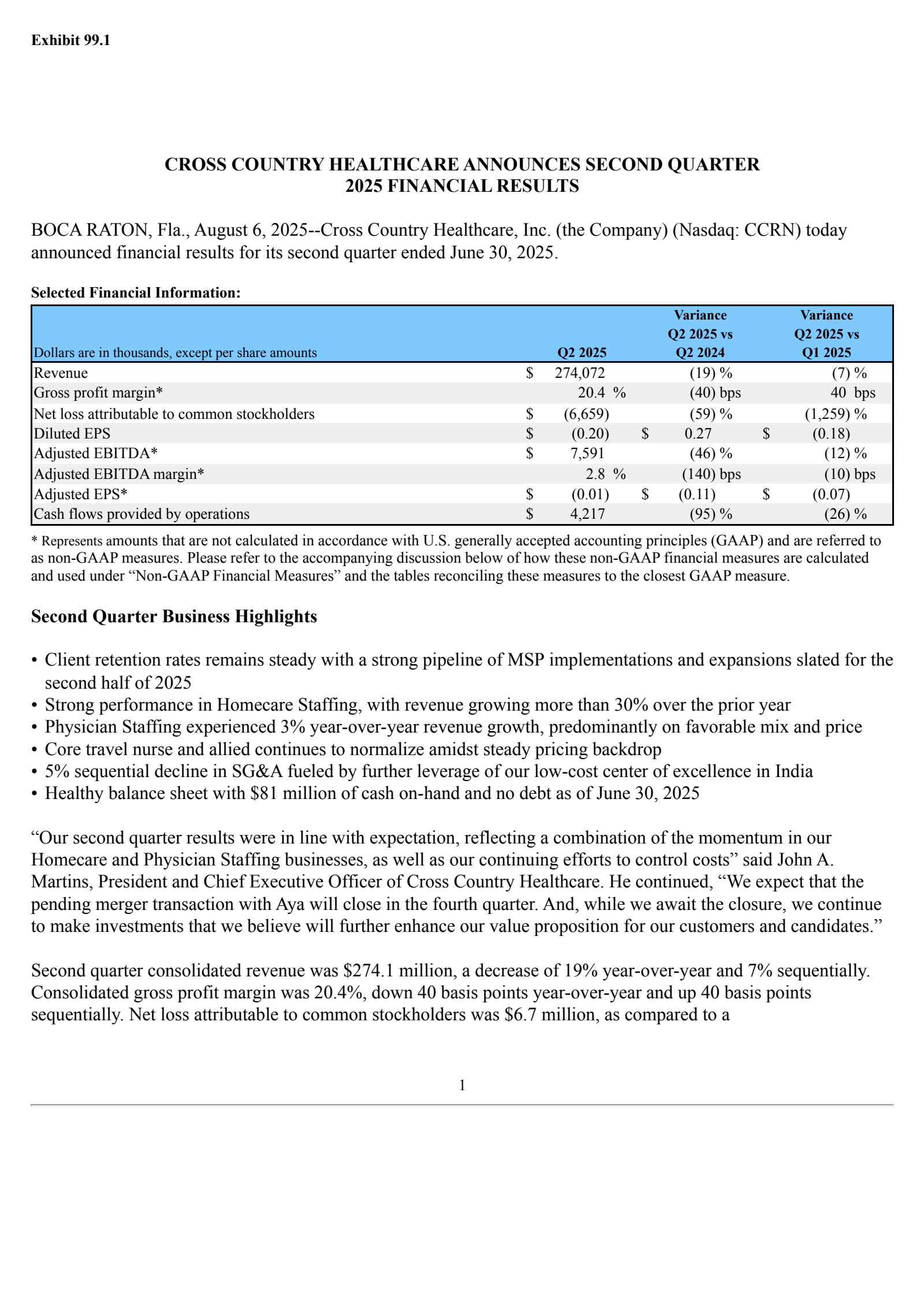 Cross Country Healthcare's Q2 2025 Press Release