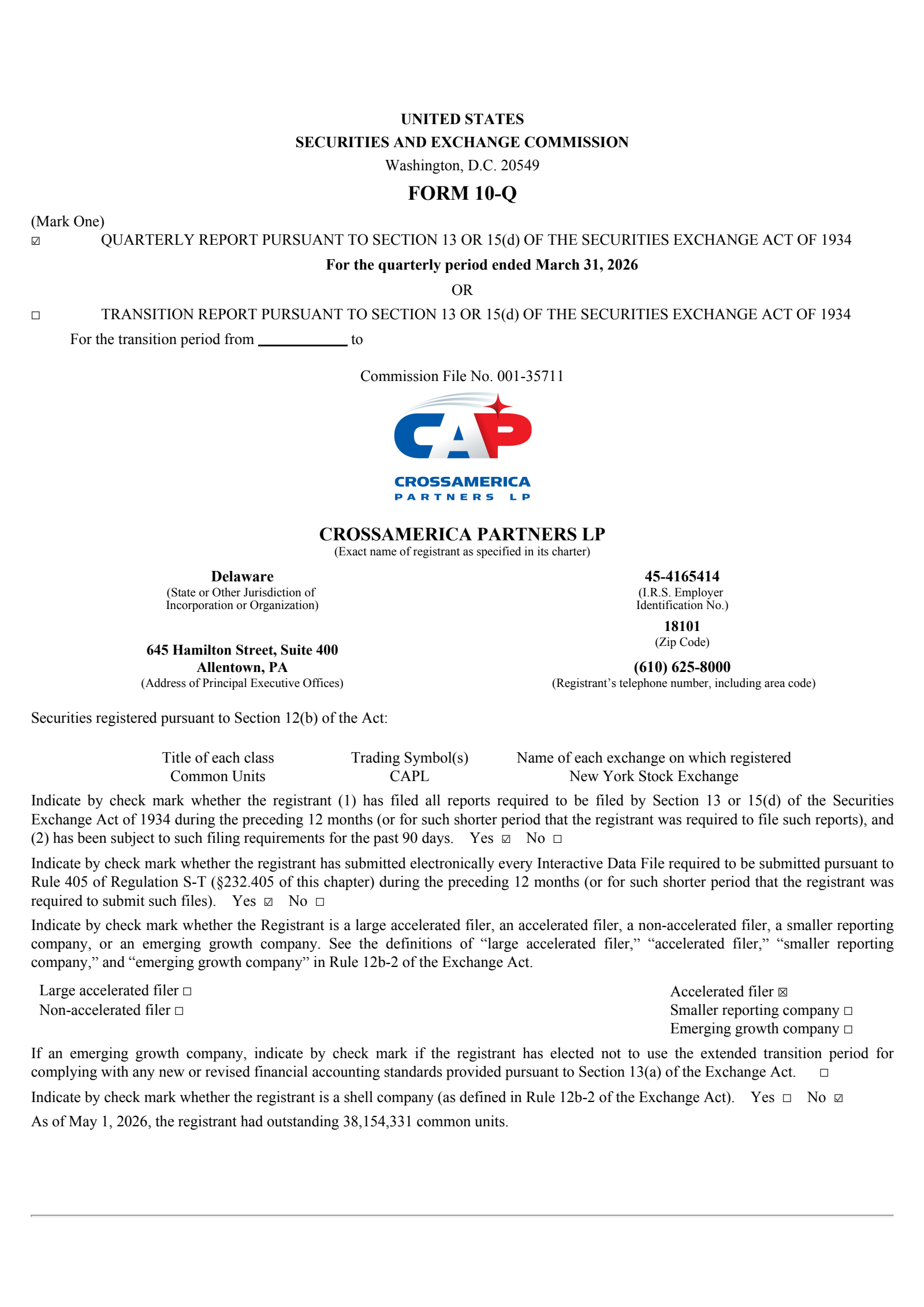 CrossAmerica Partners' Q1 2026 Quarterly report