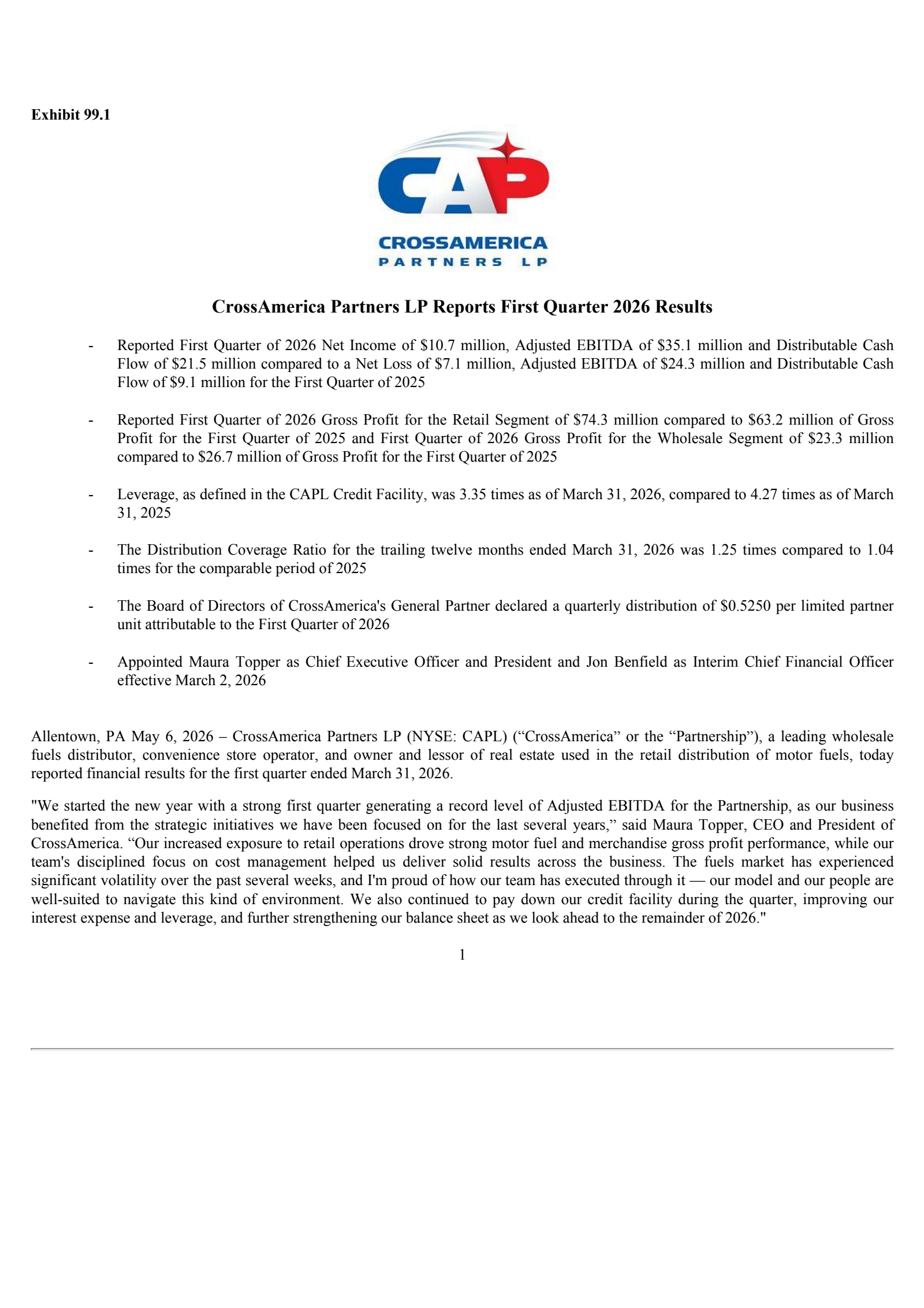 CrossAmerica Partners' Q1 2026 Press Release