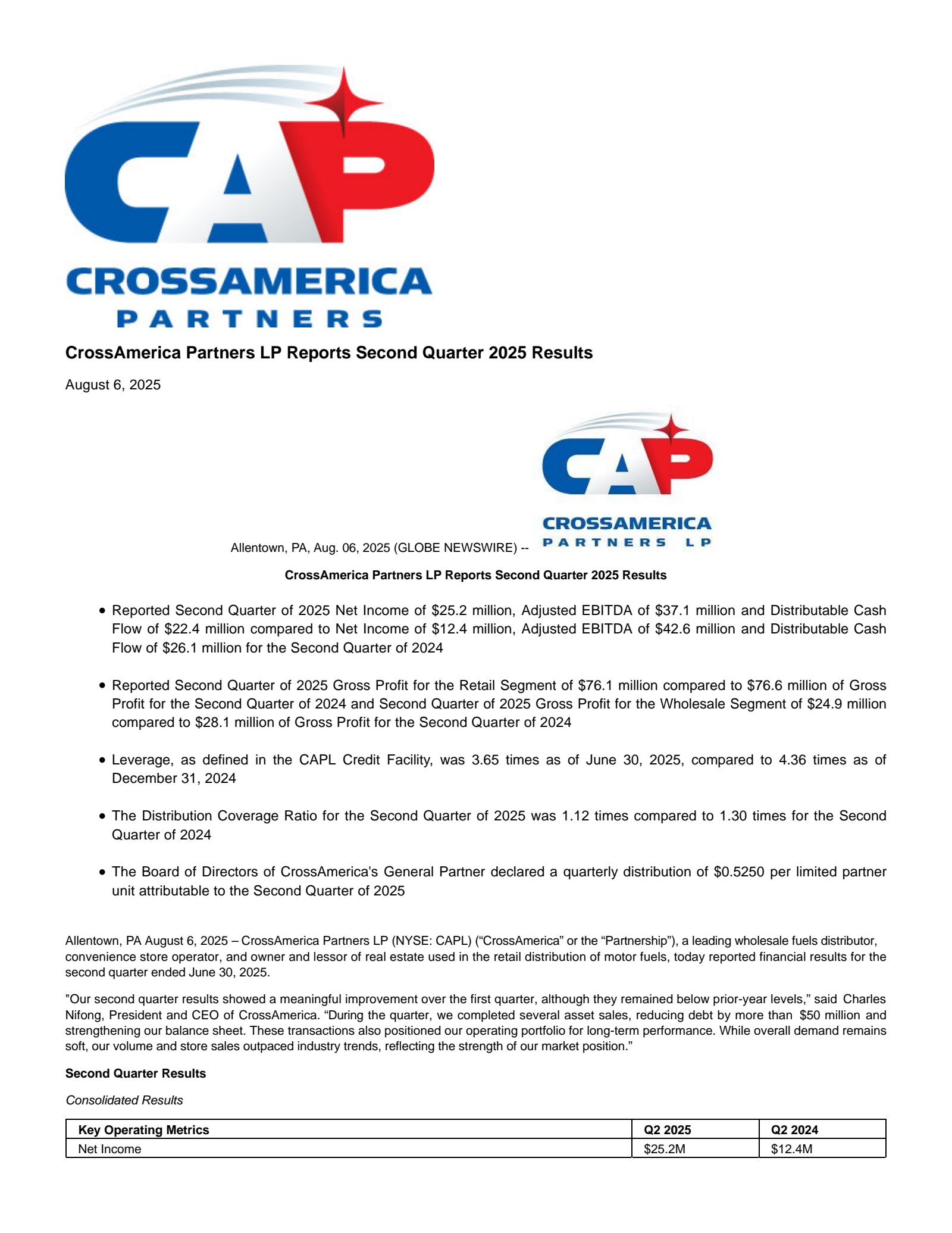 CrossAmerica Partners' Q2 2025 Press Release