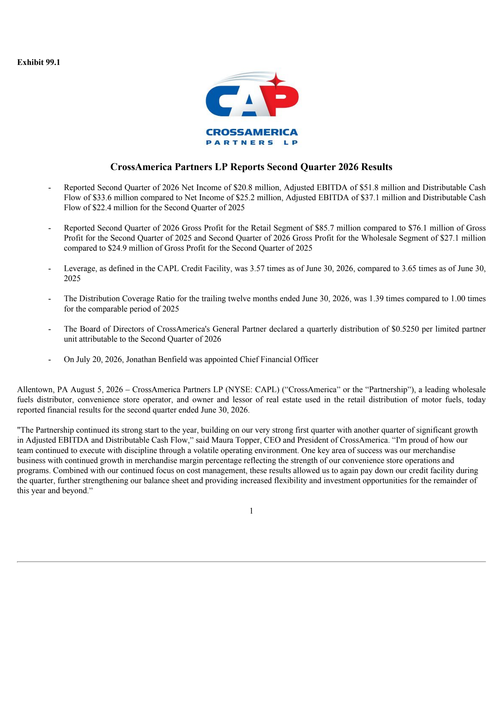 CrossAmerica Partners' Q2 2026 Press Release