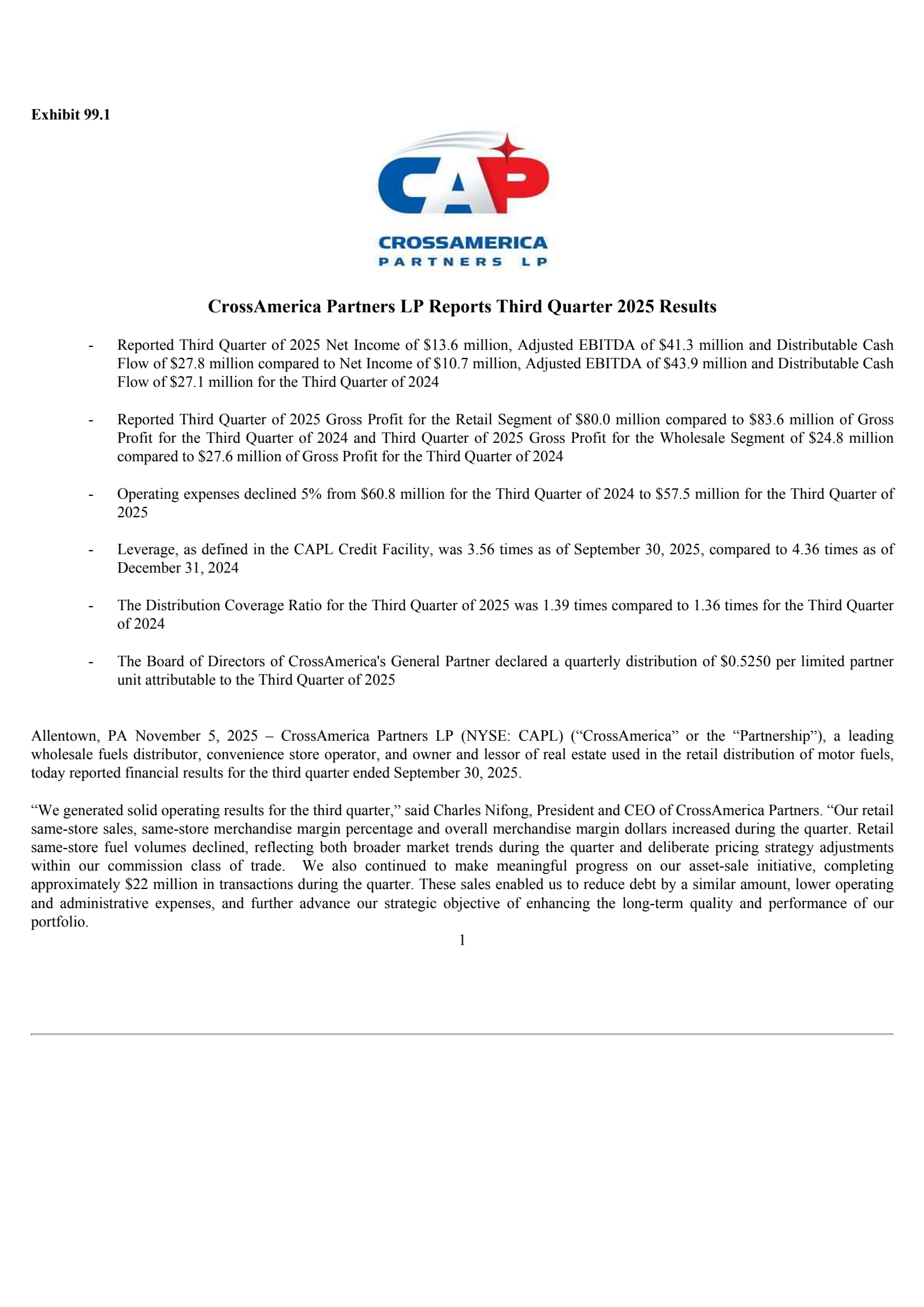 CrossAmerica Partners' Q3 2025 Earnings Release