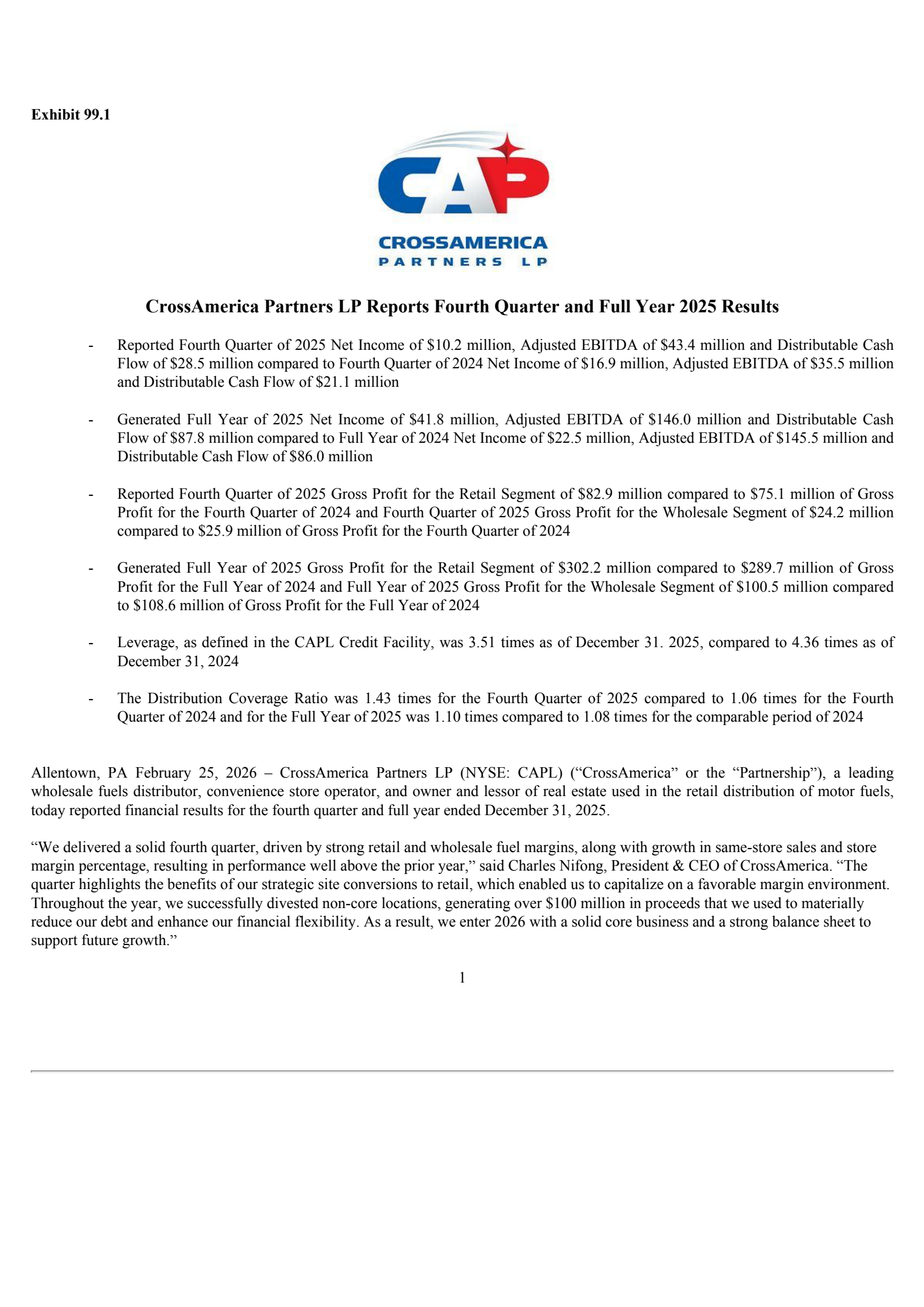 CrossAmerica Partners' Q4 2025 Press Release