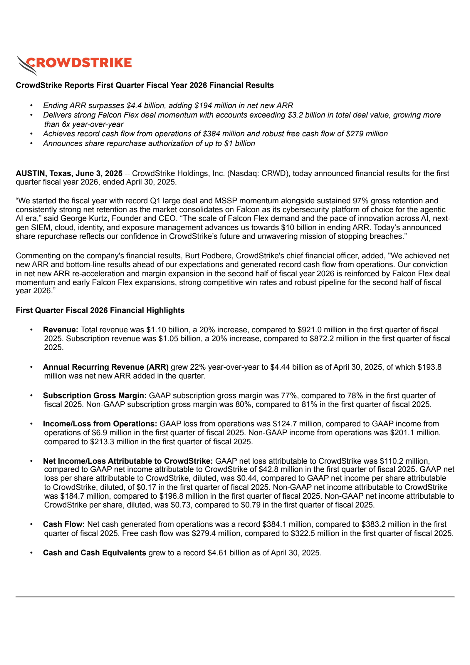 CrowdStrike's Q1 2026 Press Release