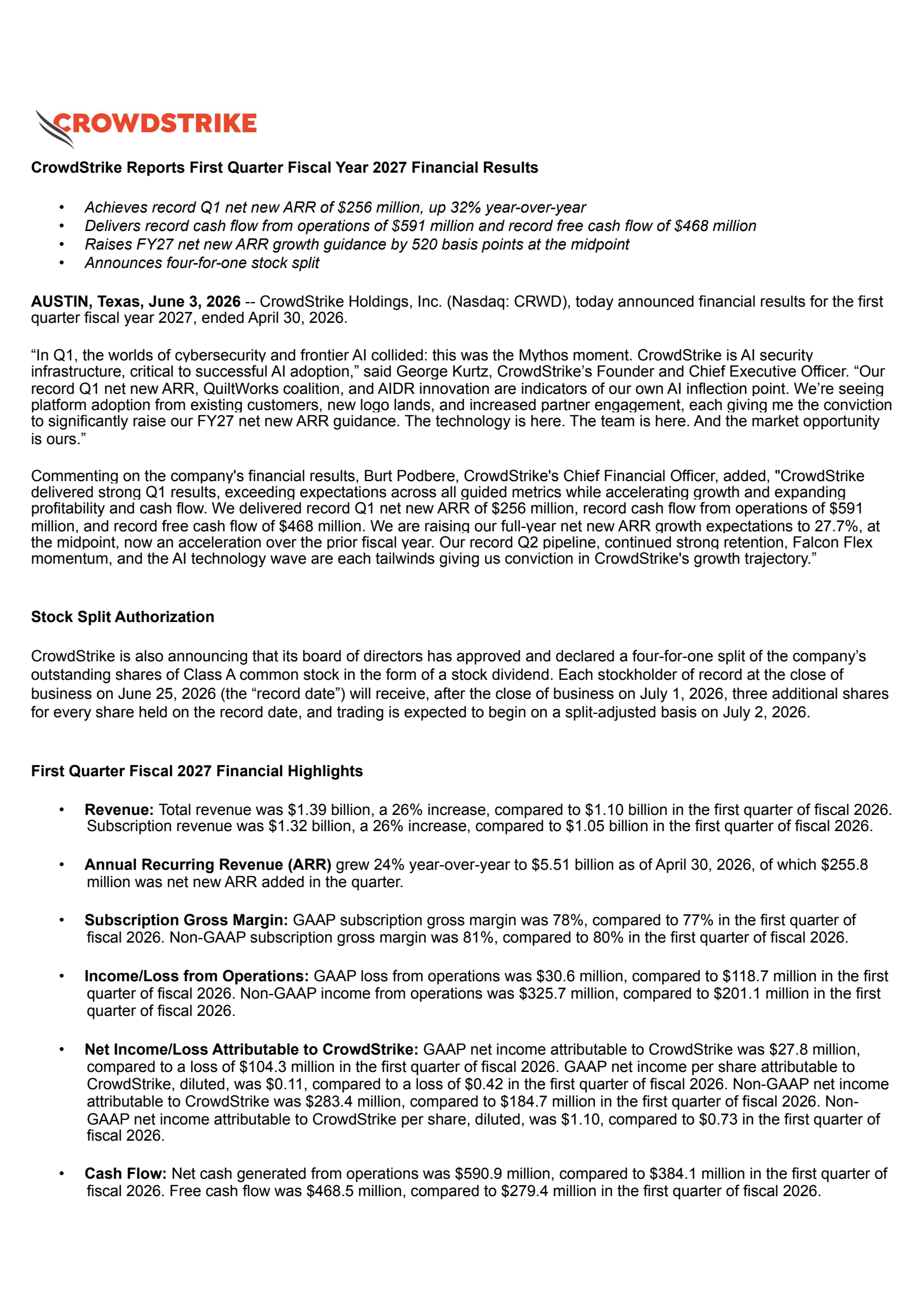 CrowdStrike's Q1 2027 Press Release