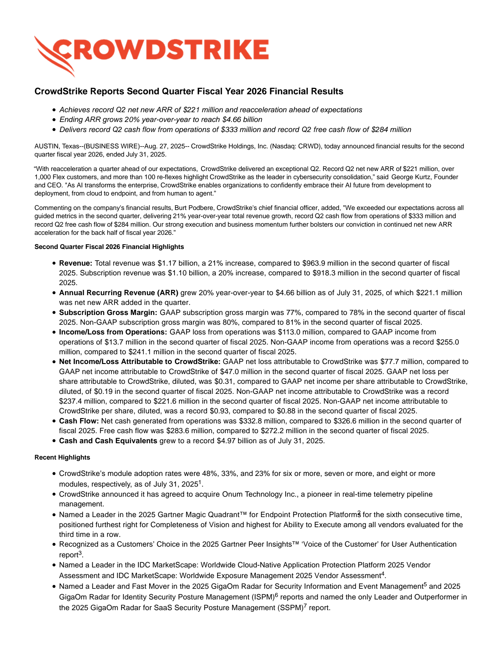CrowdStrike's Q2 2026 Press Release