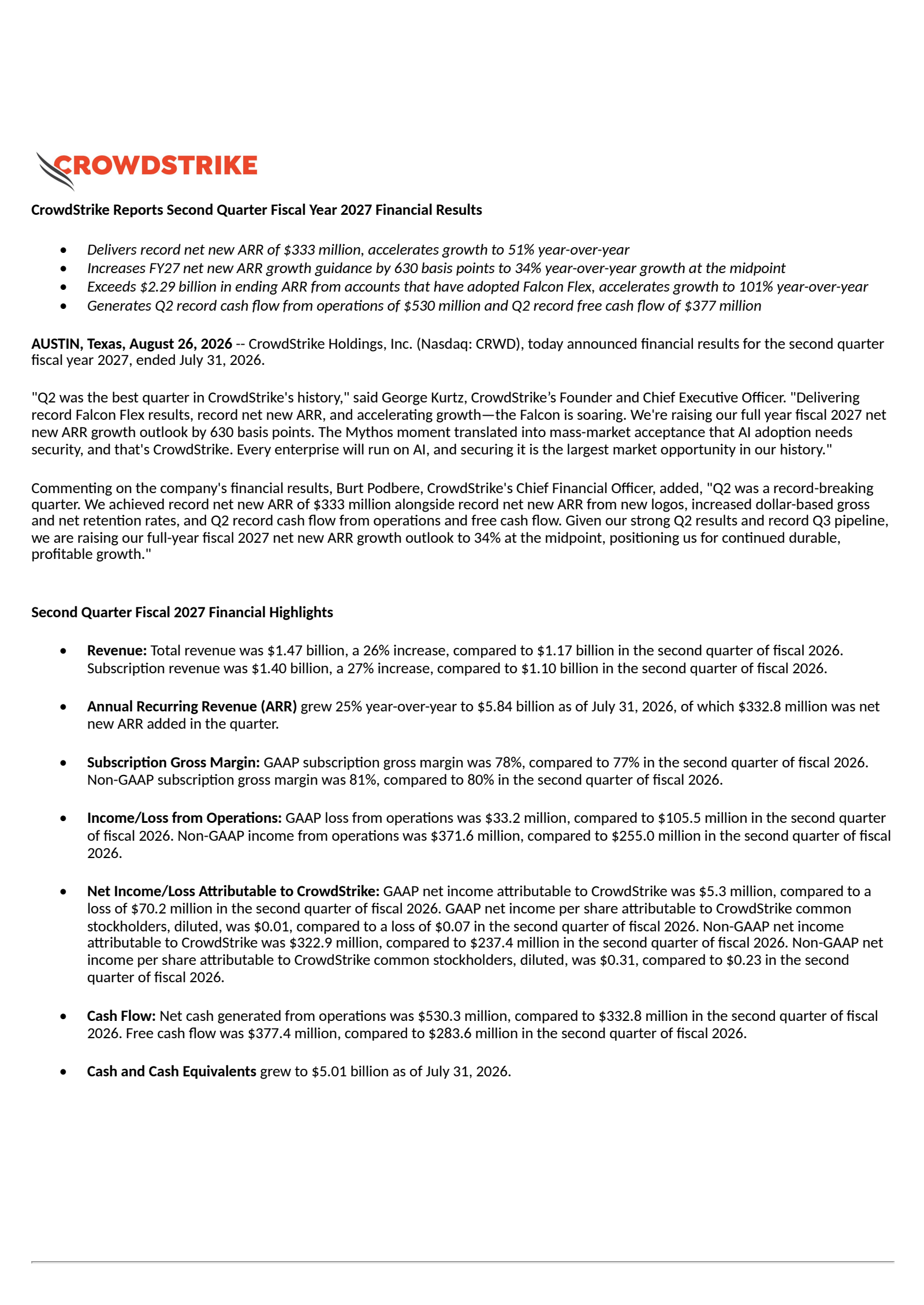 CrowdStrike's Q2 2027 Press Release