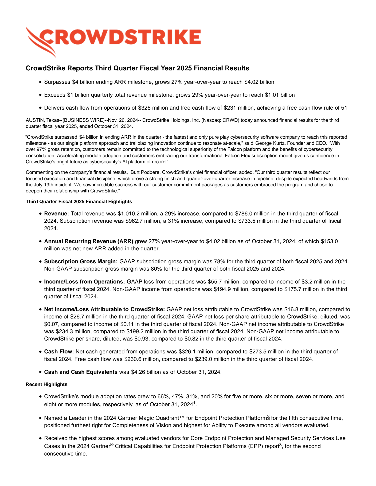 CrowdStrike's Q3 2025 Press Release