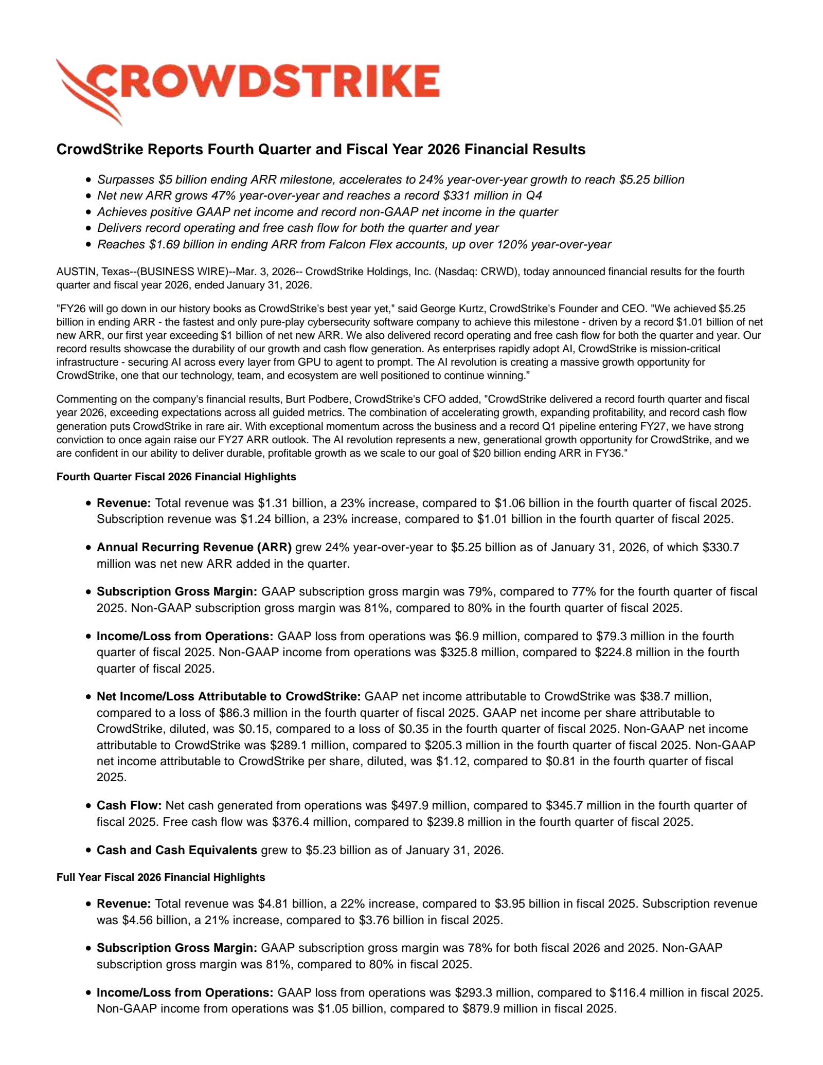 CrowdStrike's Q4 2026 Press Release