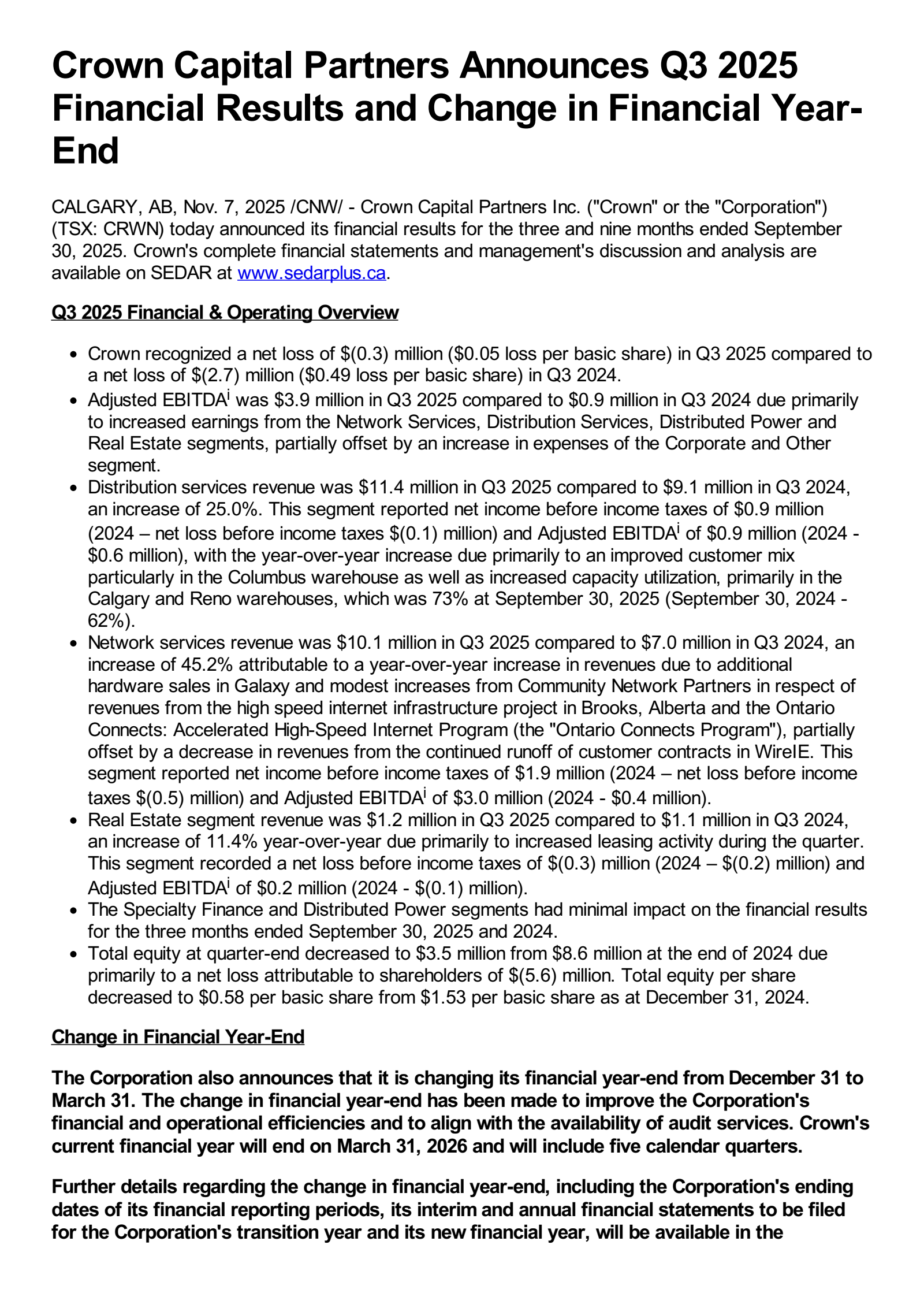 Crown Capital Partners' Q3 2025 Earnings Release