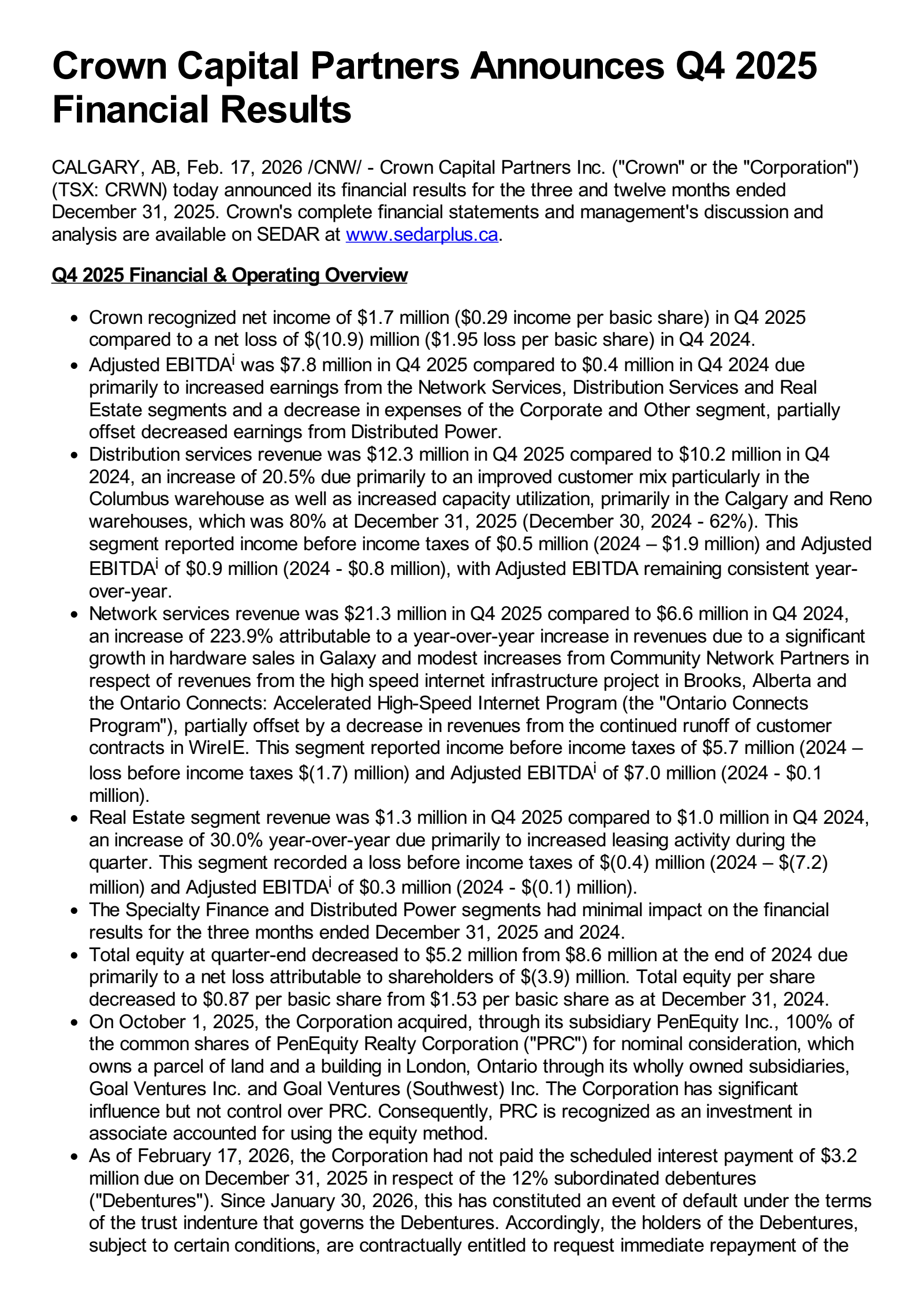 Crown Capital Partners' Q4 2025 Press Release