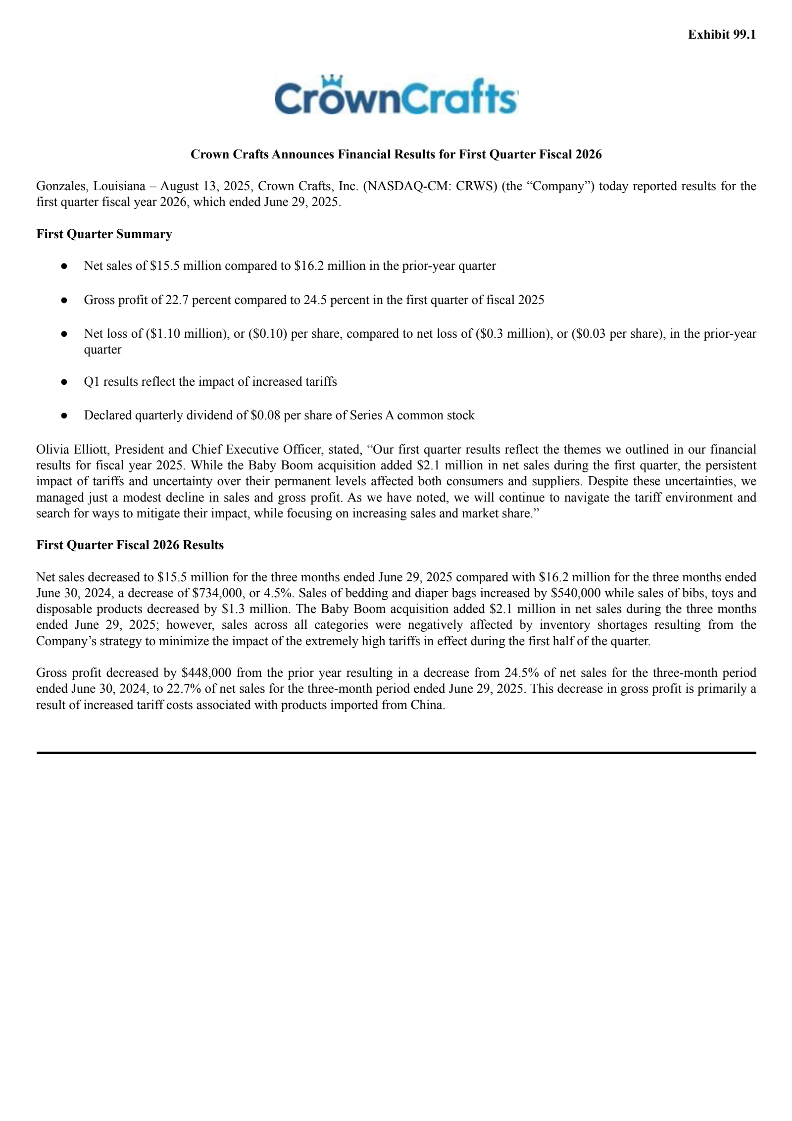 Crown Crafts' Q1 2026 Press Release