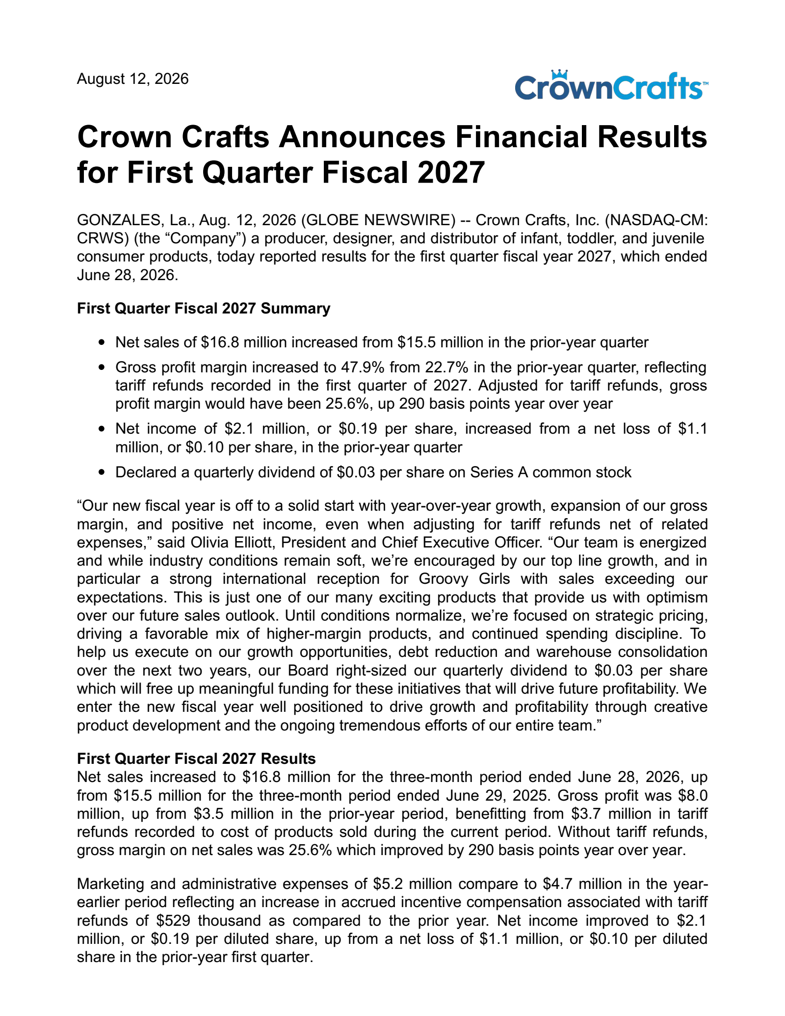 Crown Crafts' Q1 2027 Press Release