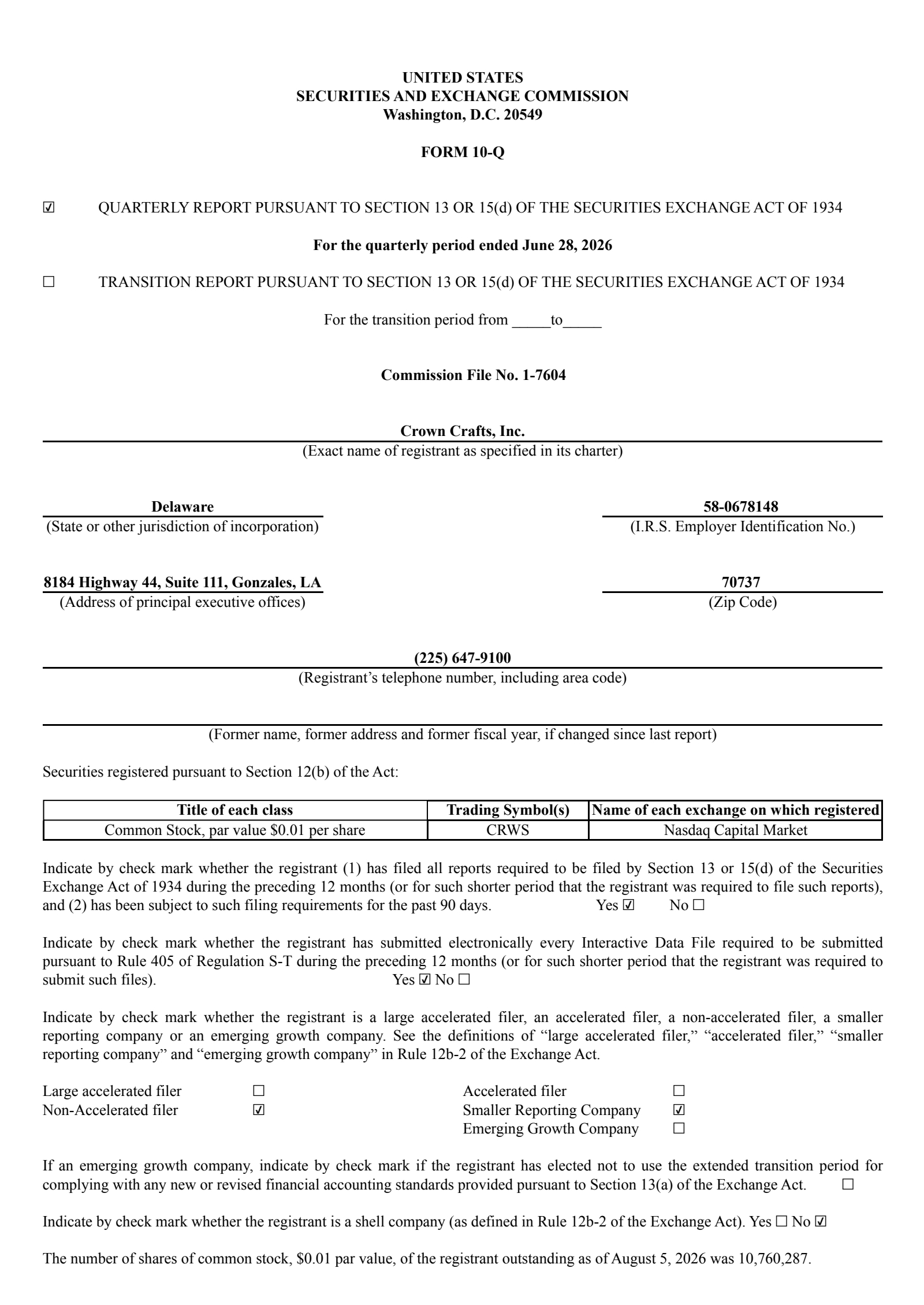 Crown Crafts' Q1 2027 Quarterly report