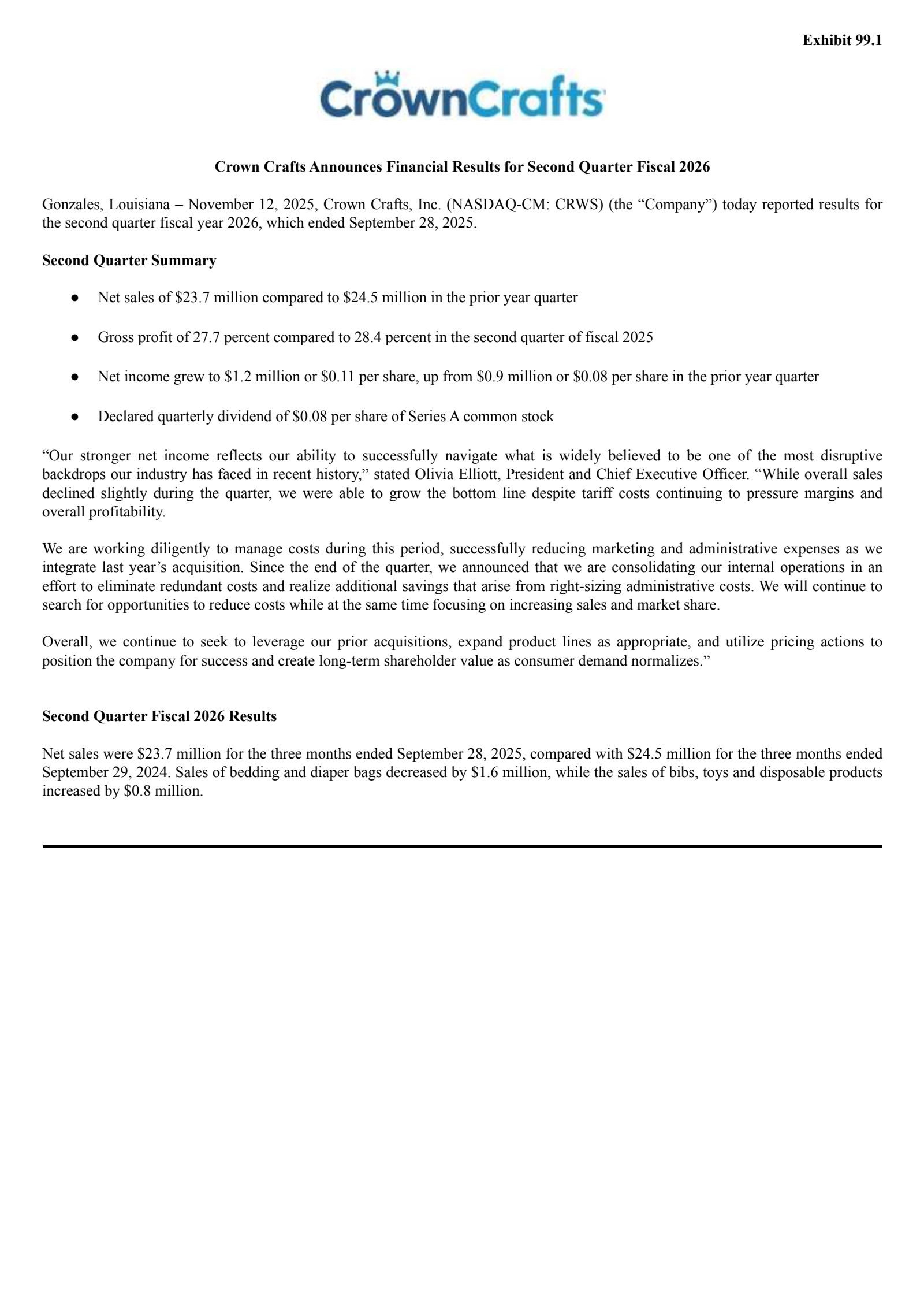 Crown Crafts' Q2 2026 Earnings Release