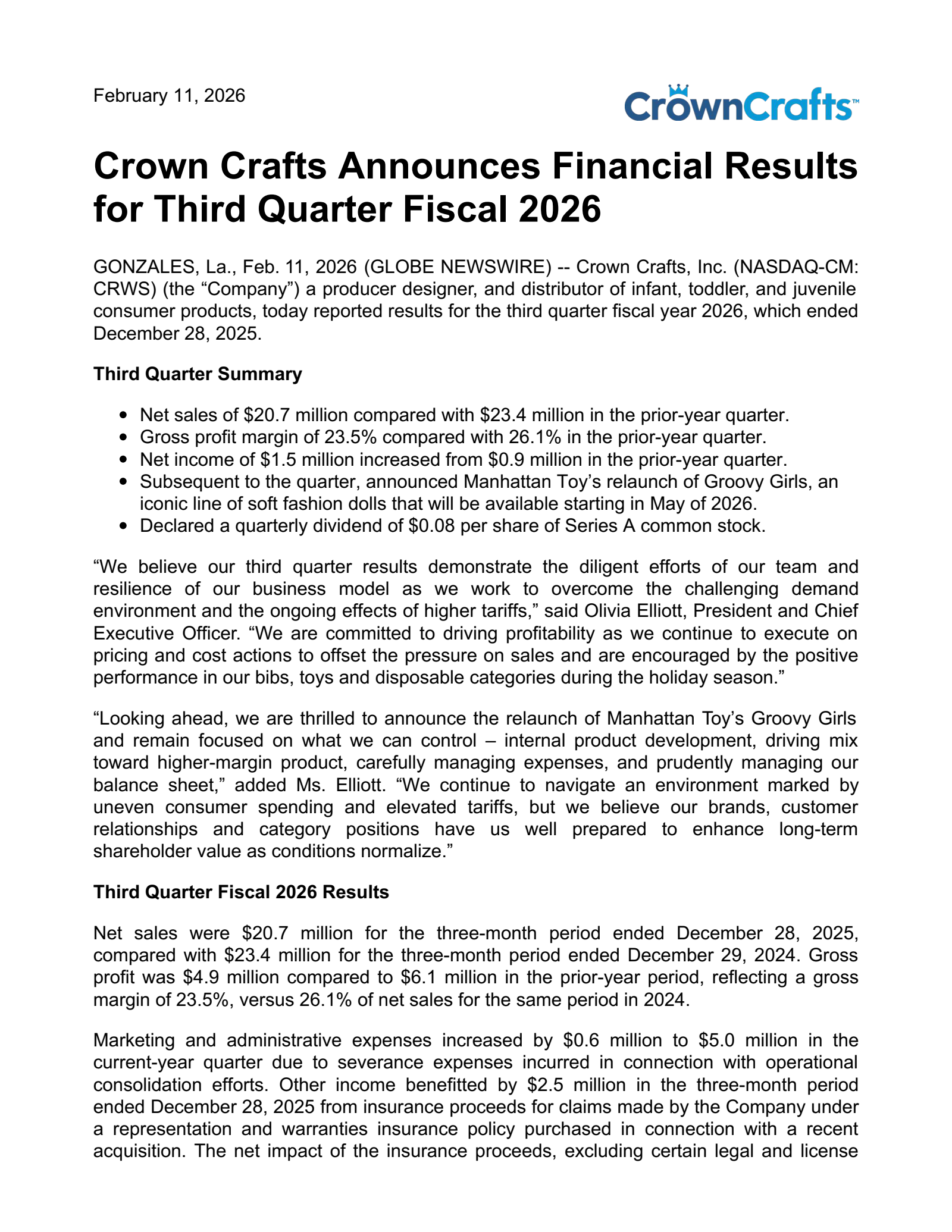 Crown Crafts' Q3 2026 Press Release