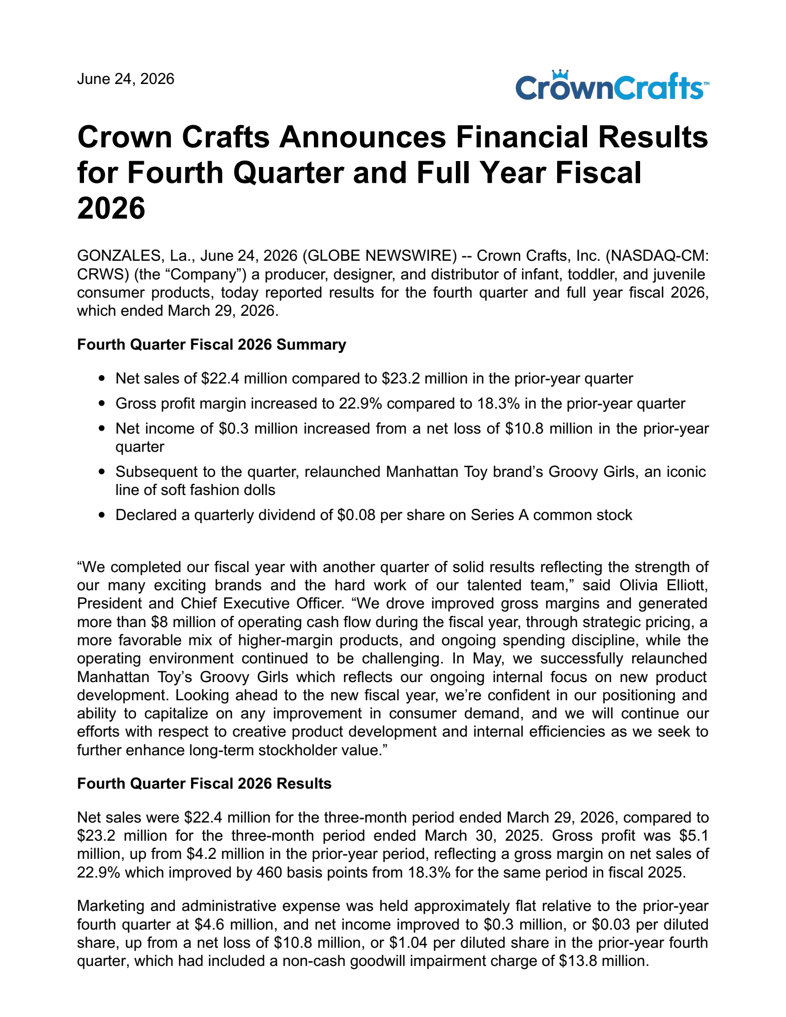 Crown Crafts' Q4 2026 Press Release