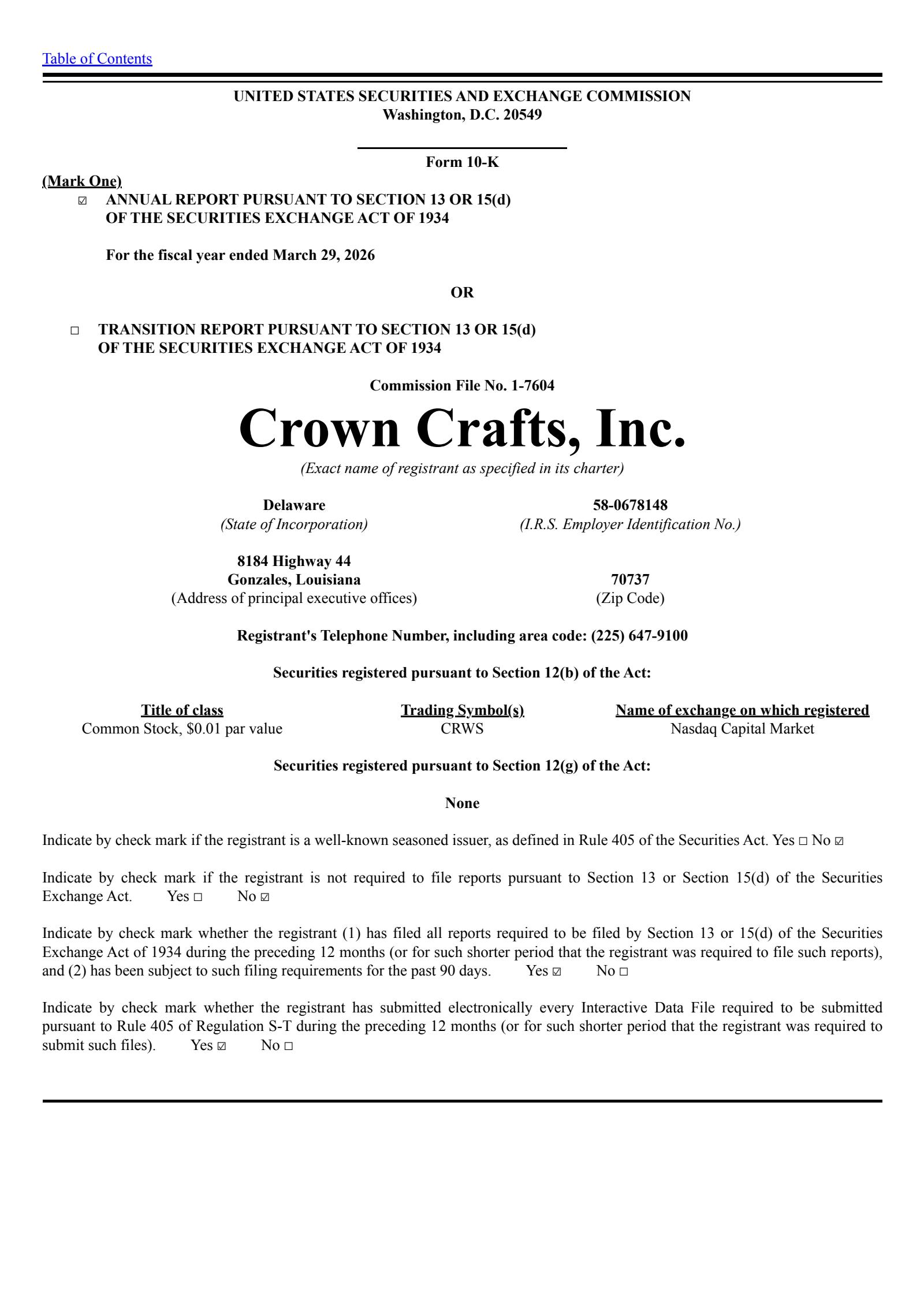 Crown Crafts' Q4 2026 Annual report