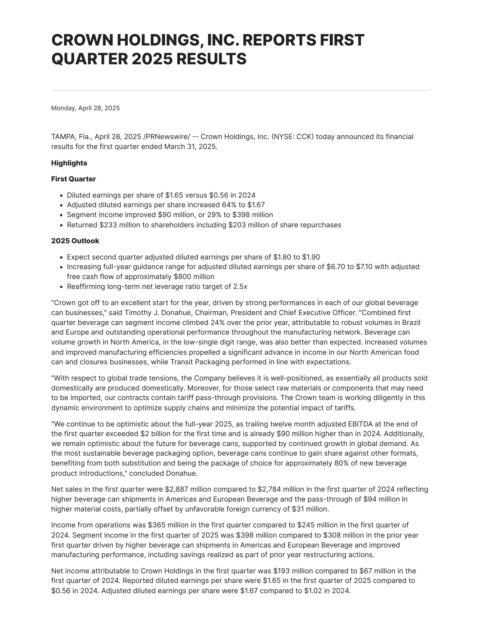 Crown's Q1 2025 Press Release