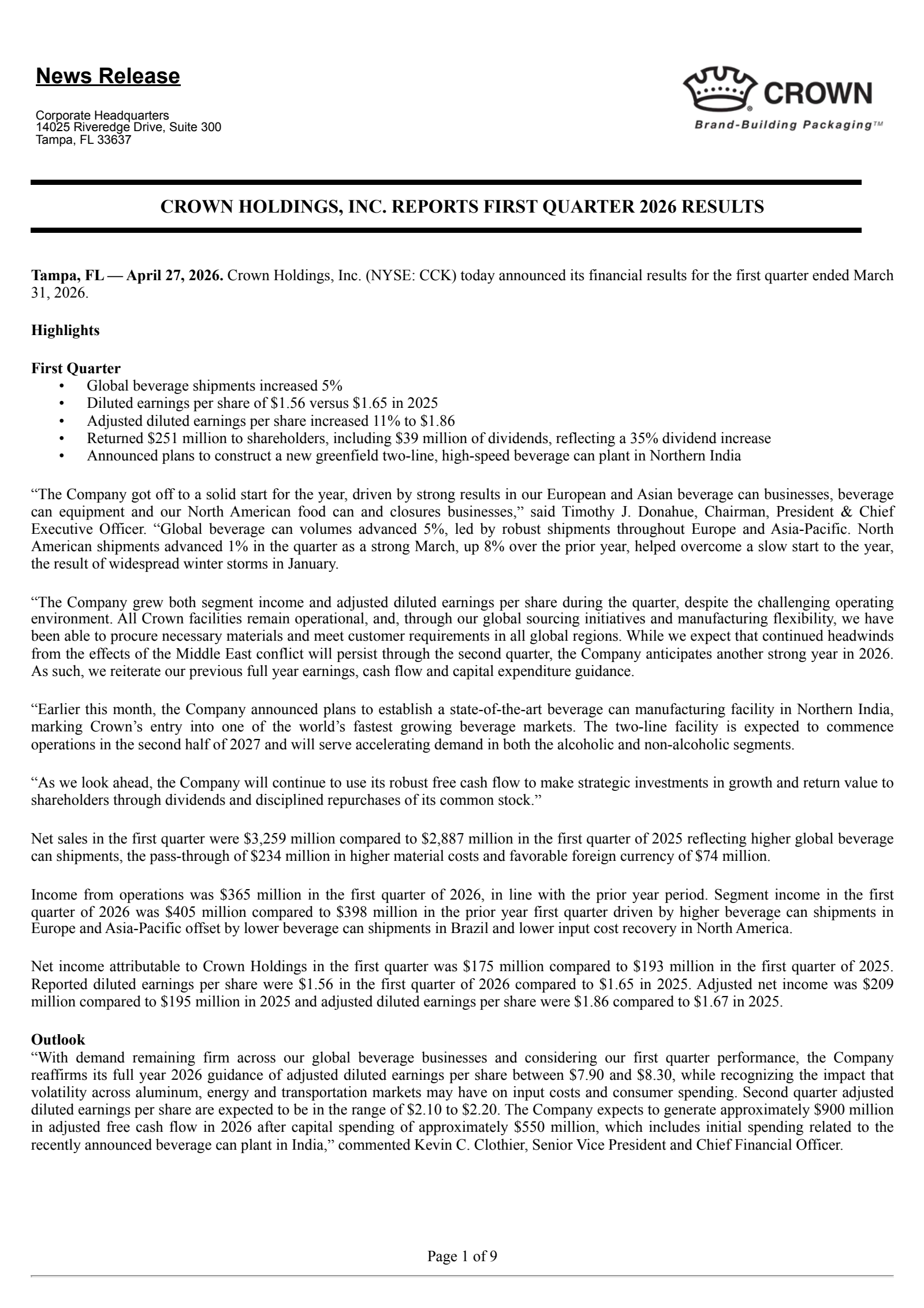 Crown's Q1 2026 Press Release
