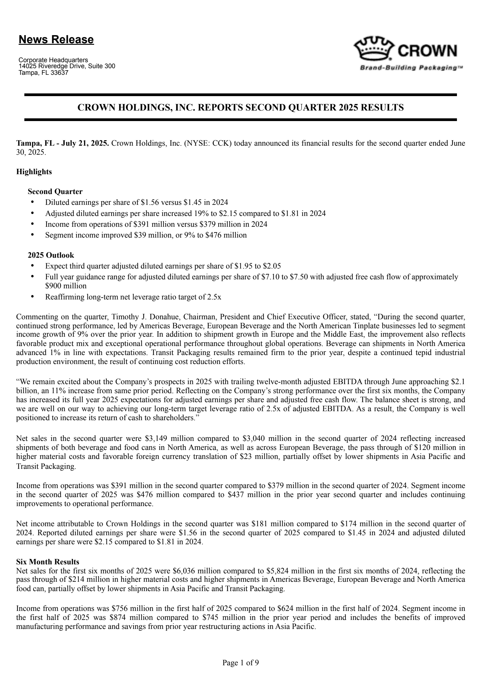 Crown's Q2 2025 Press Release