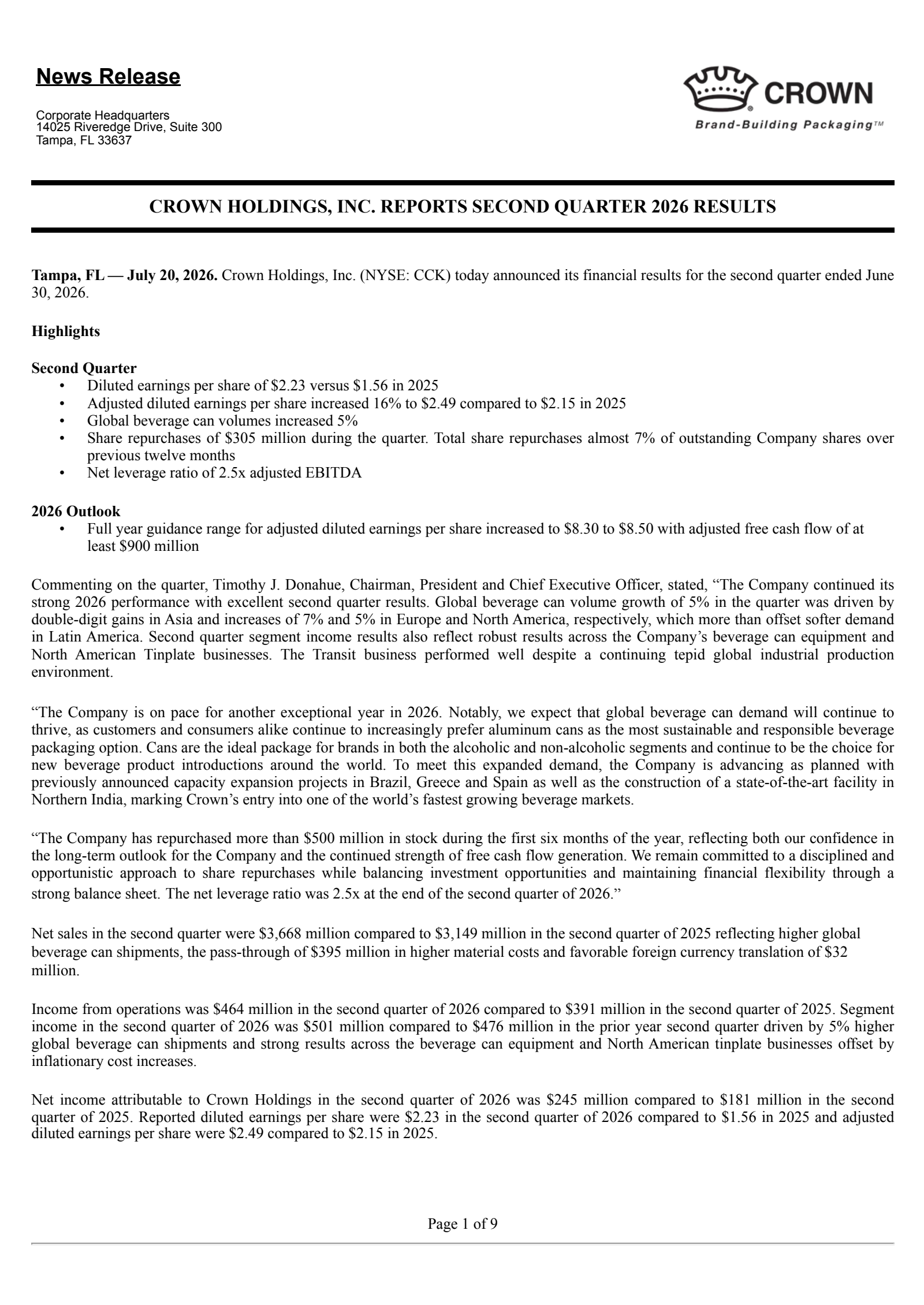 Crown's Q2 2026 Press Release