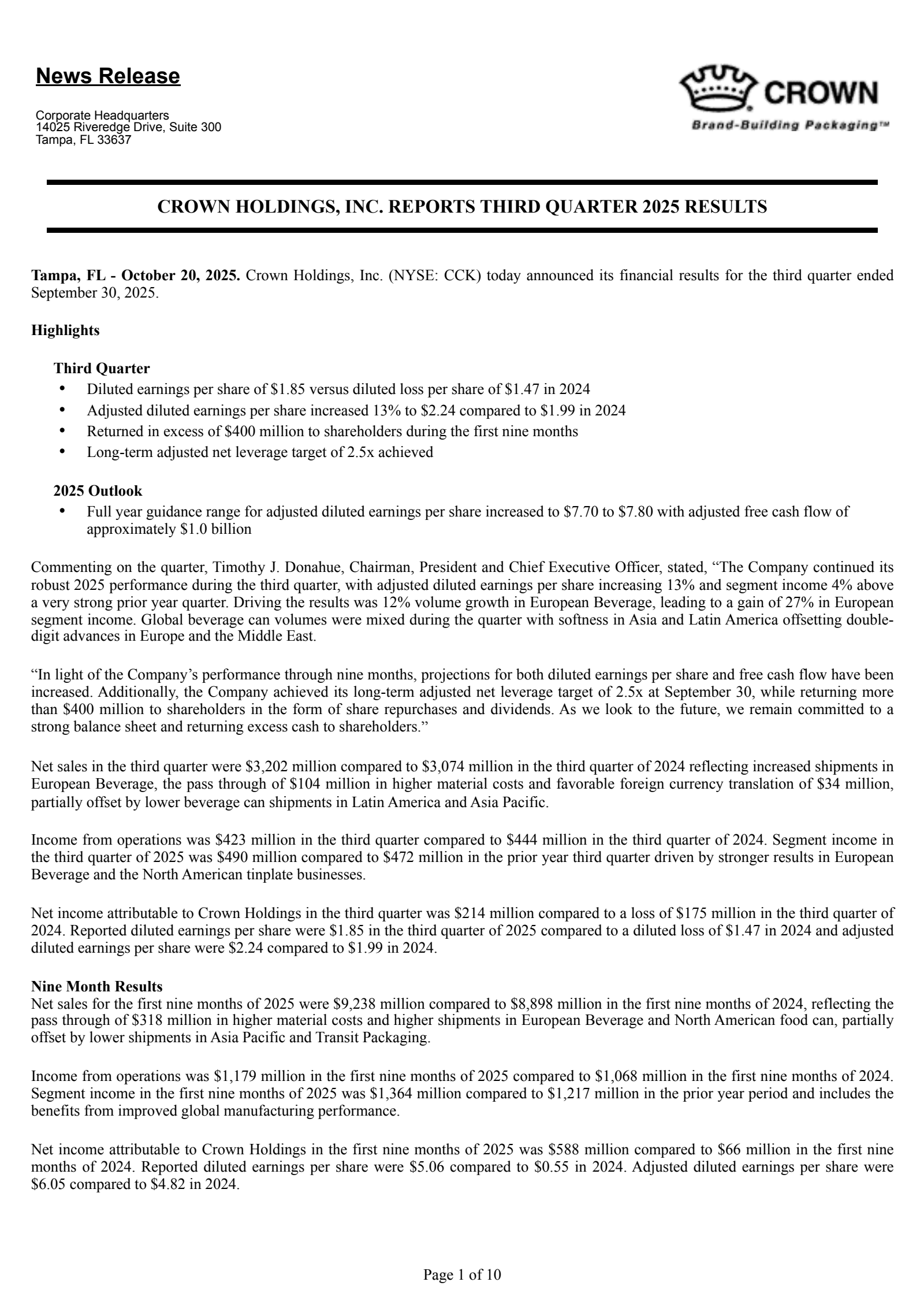 Crown's Q3 2025 Earnings Release