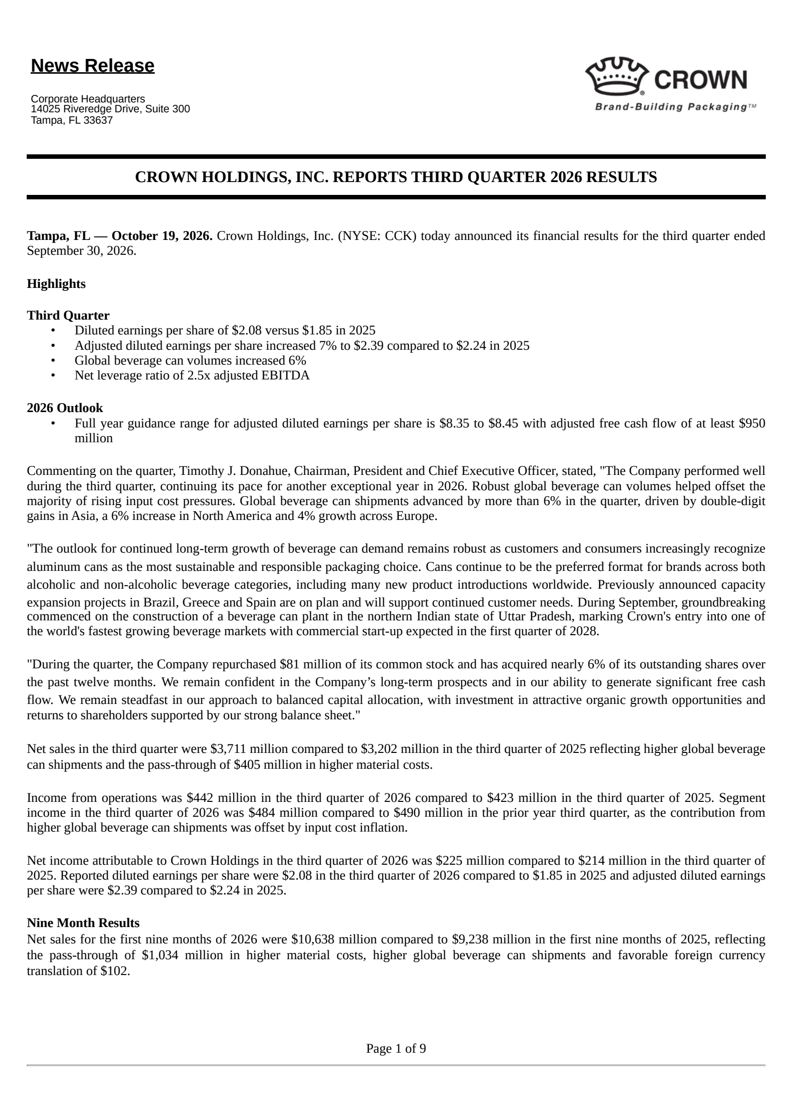 Crown's Q3 2026 Press Release