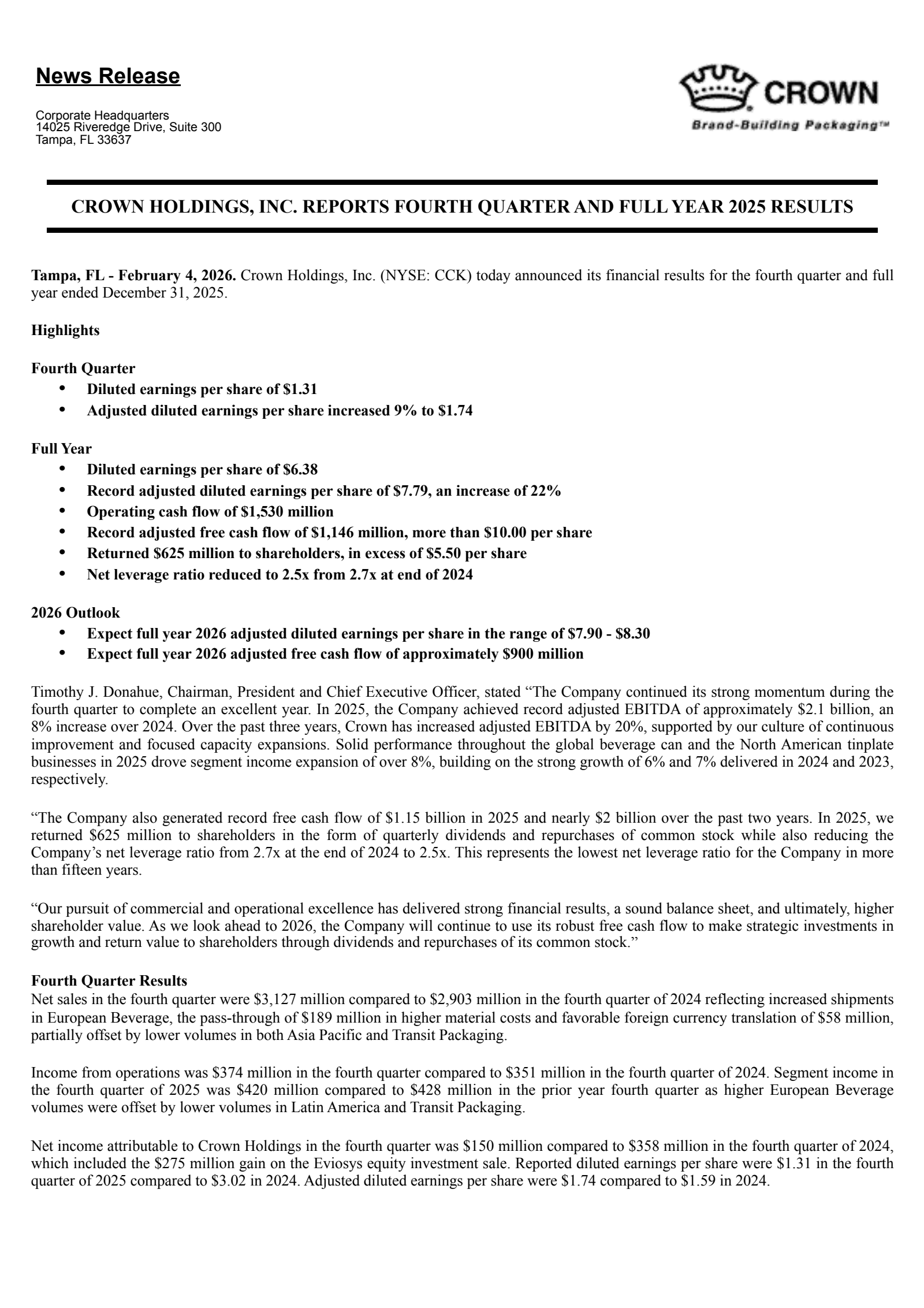 Crown's Q4 2025 Press Release