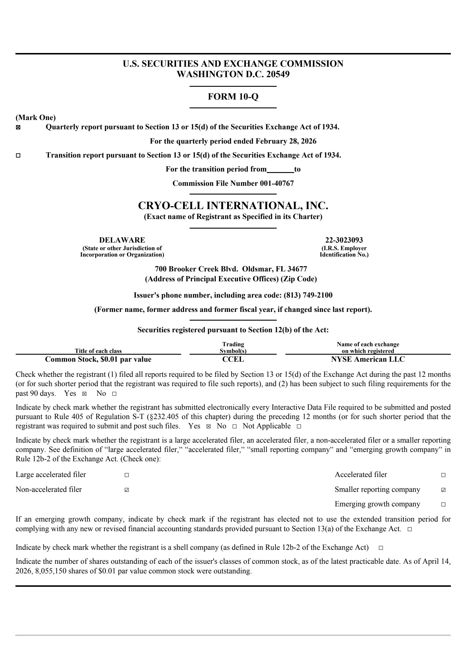Cryo-Cell International's Q1 2026 Quarterly report