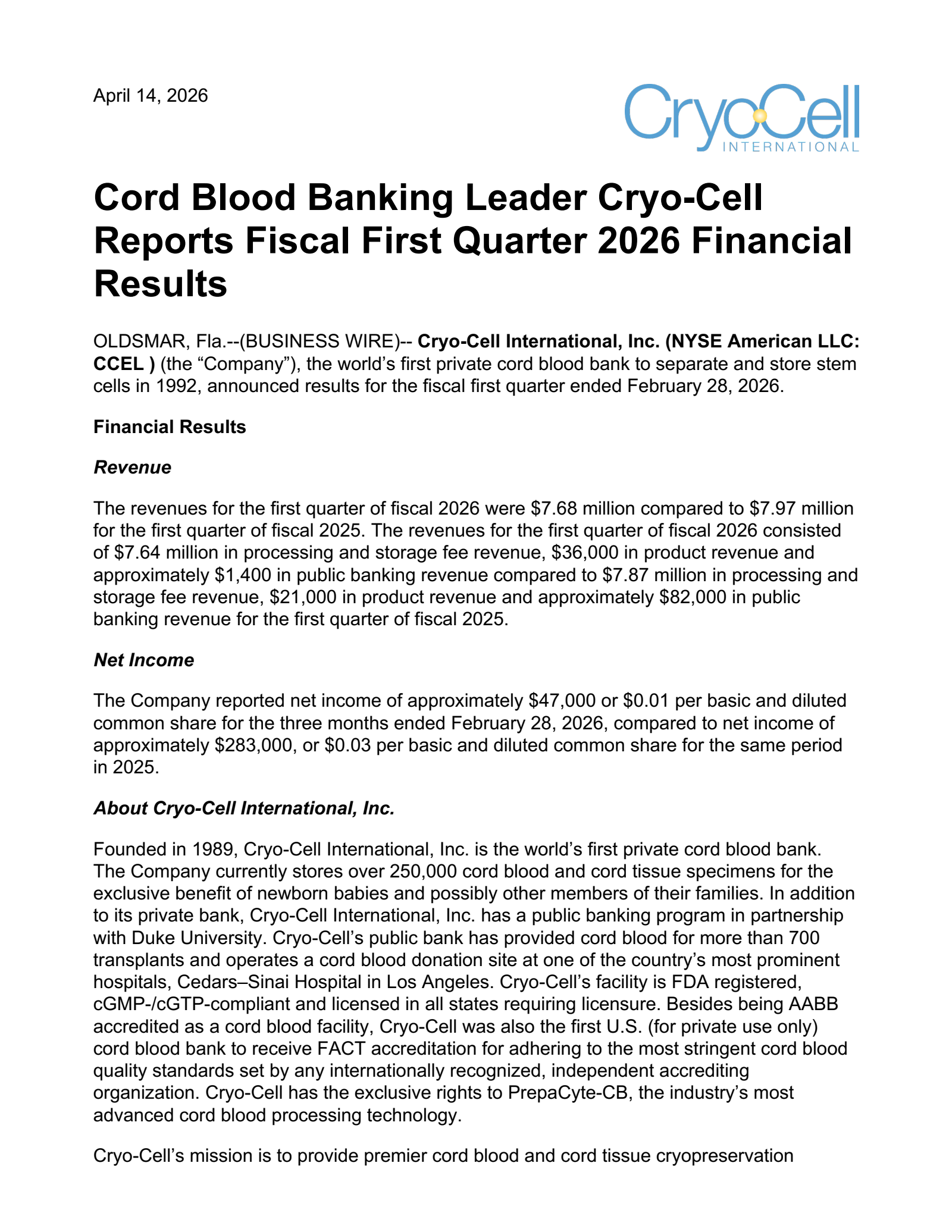 Cryo-Cell International's Q1 2026 Press Release
