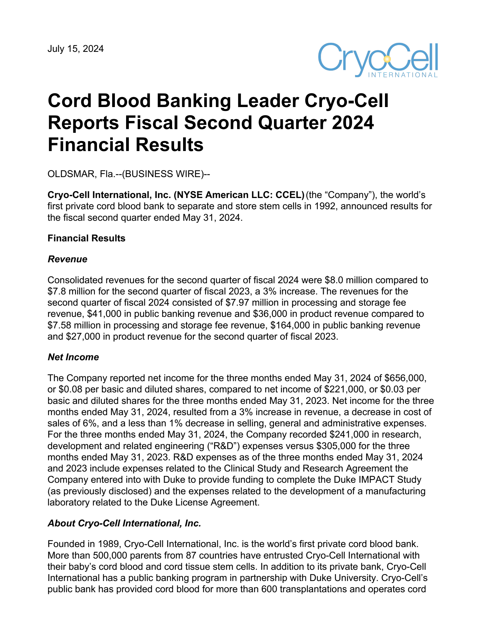 Cryo-Cell International's Q2 2024 Press Release