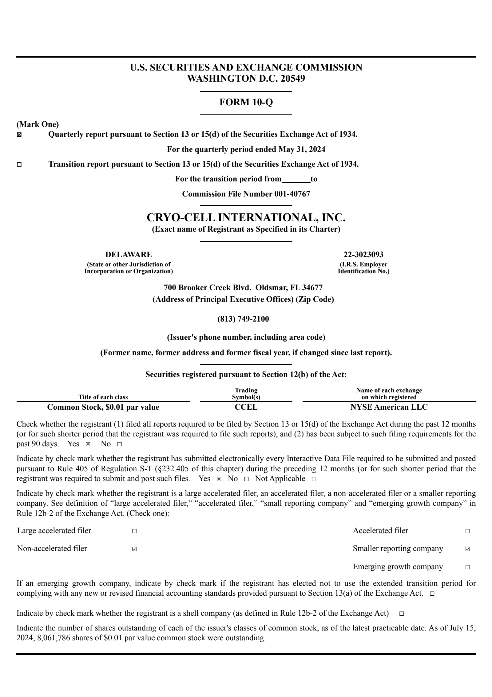 Cryo-Cell International's Q2 2024 Quarterly report