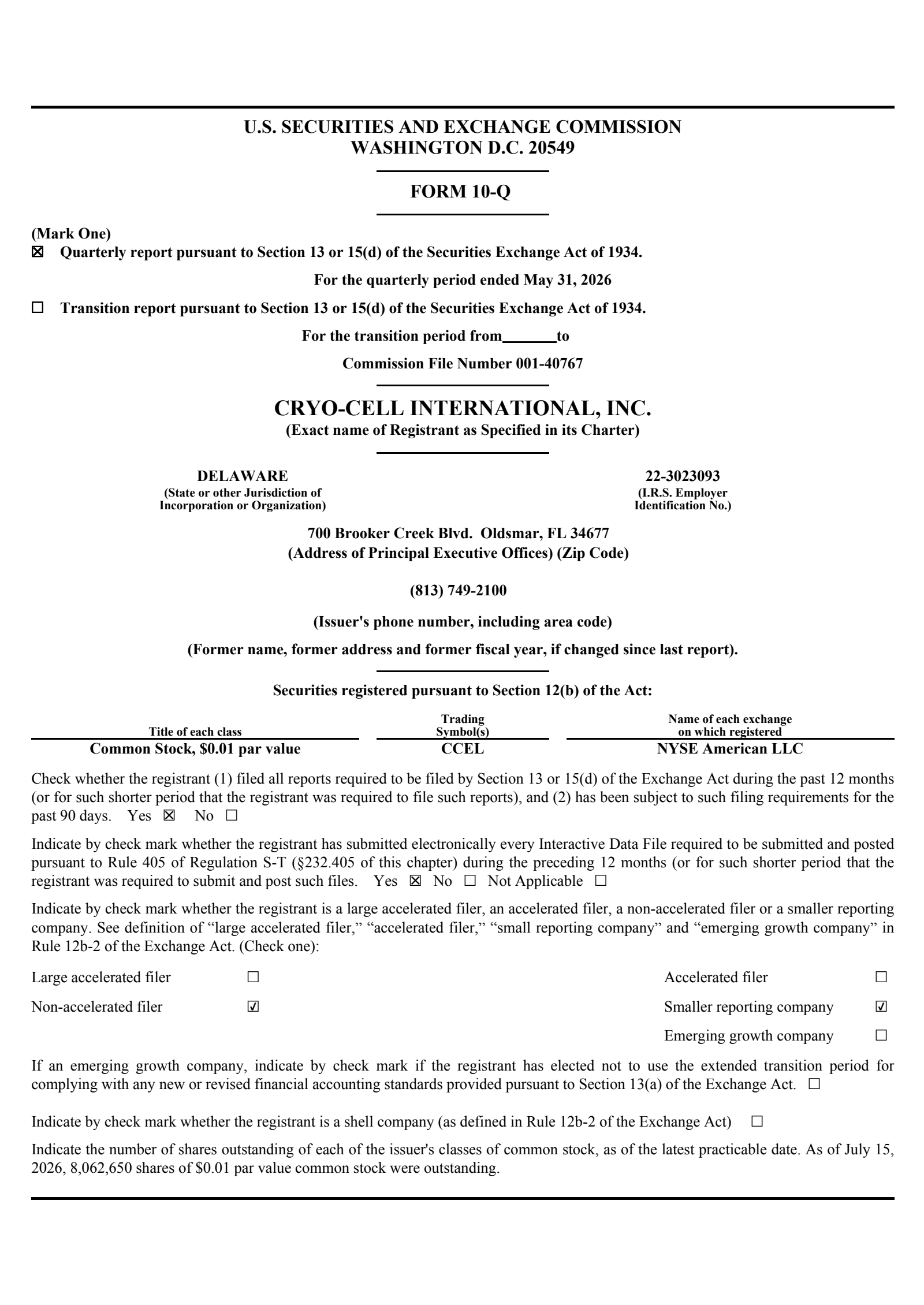 Cryo-Cell International's Q2 2026 Quarterly report